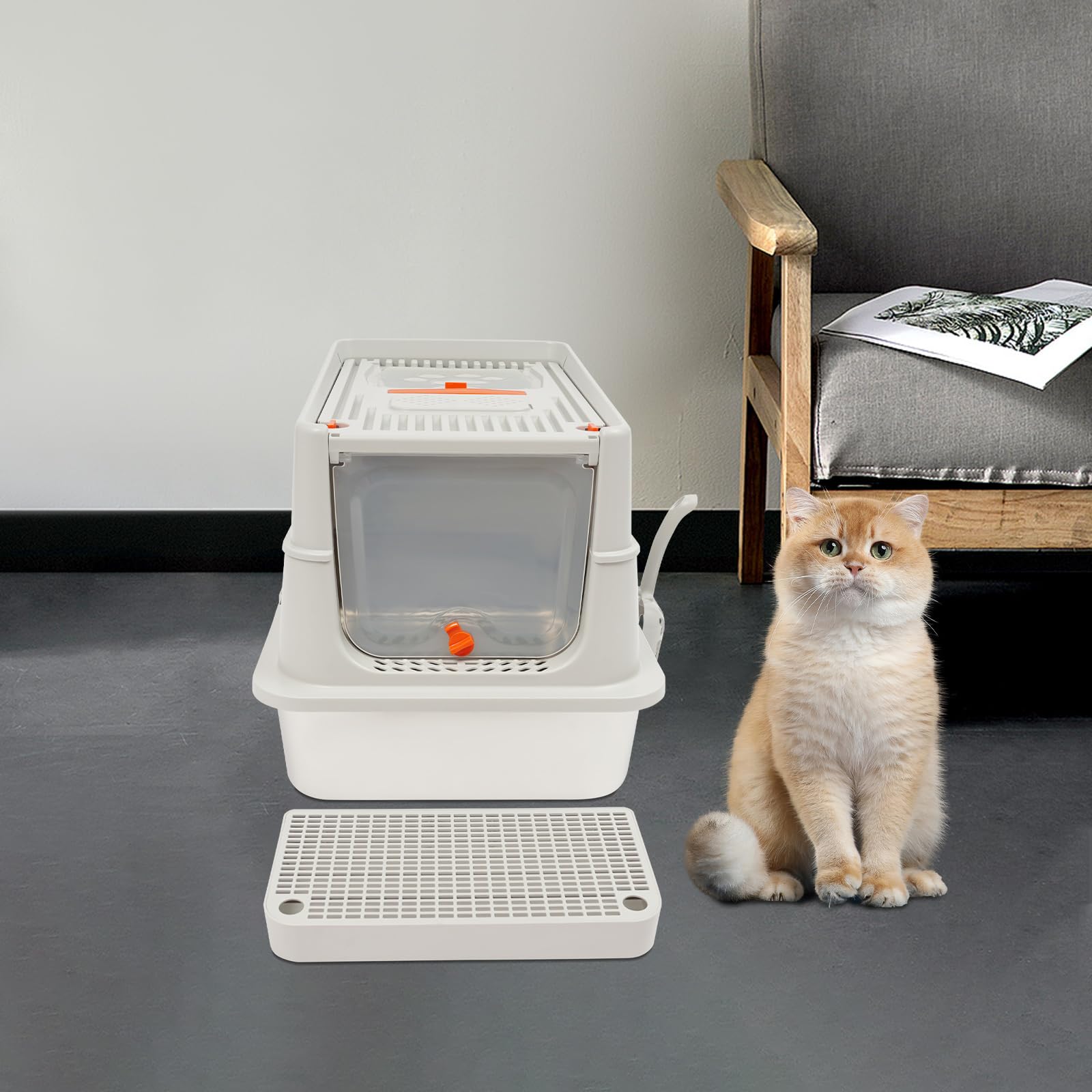 Lettiera per gatti in acciaio inox con pareti laterali alte, grande per gatti fino a 15 kg, inodore e pulita, per appartamento, balcone, grigio chiaro