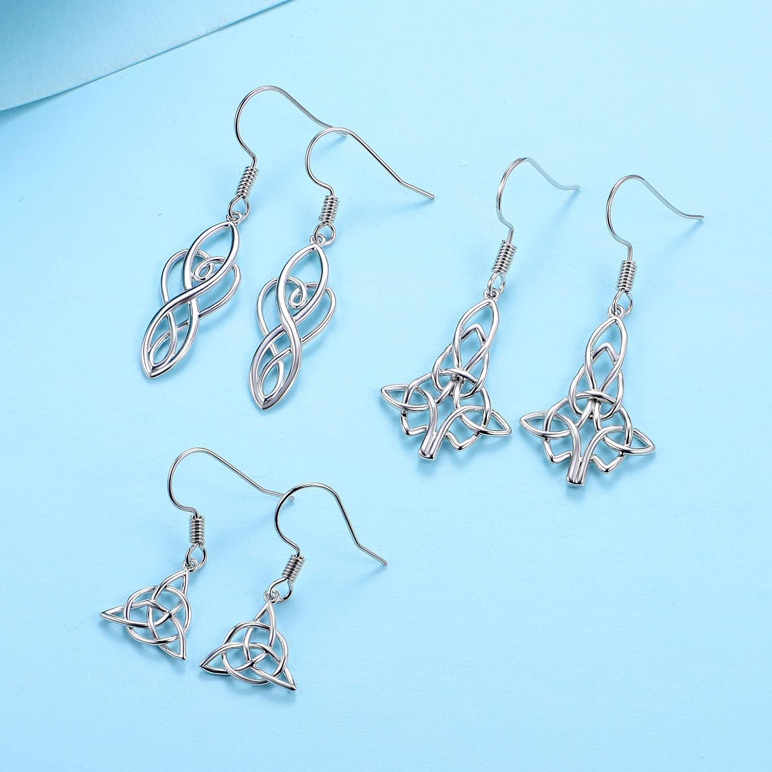 Multi Celtic Knot Dangle Earrings Set for Women, 18K White Gold Plated Silver Light Hypoallergenic Celtic Earrings, Pack of 3-5 Pairs - Image 2