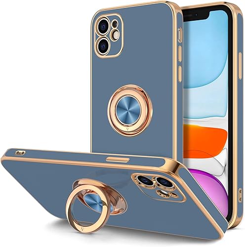 Miniatura 9 de Hython Funda para iPhone 11 con soporte de anillo [soporte de anillo giratorio de 360° con soporte magnético] [borde de oro rosa chapado en brillo]