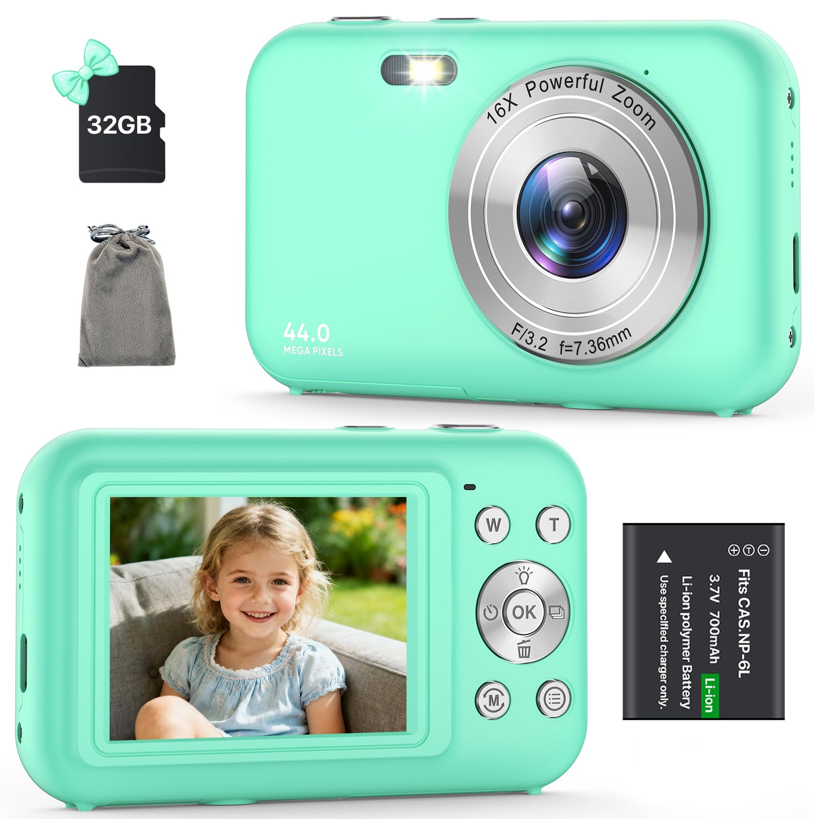 Digital Camera, Kids Camera with 32GB Card, FHD 1080P 44MP Vlogging Camera, 16X Zoom Point and Shoot Digital Camera Compact Portable Rechargeable