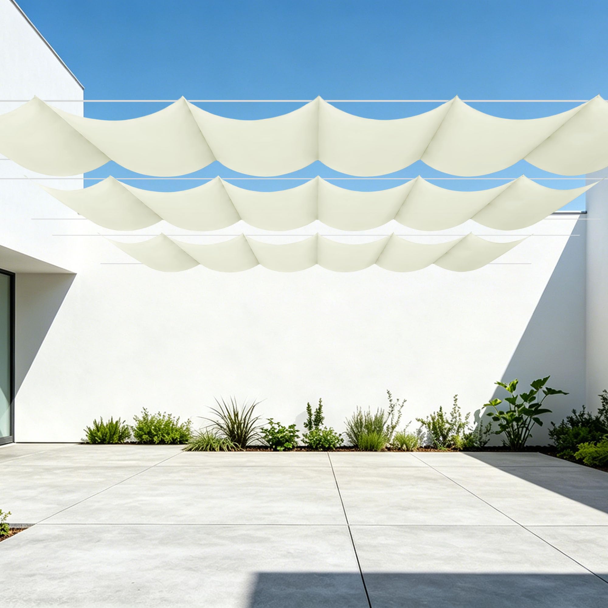 Voile ombrage vague avec œillets et cordons inclus toile résistante blanc cassé 2x1m