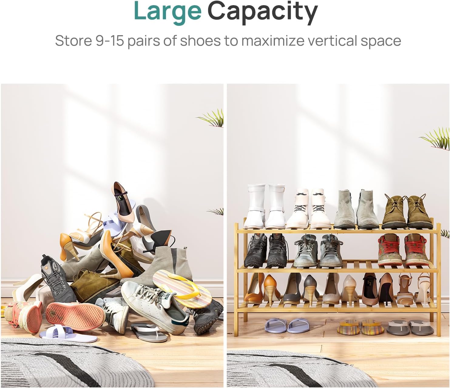 3-Tier Long Shoe Rack, Bamboo Wood Shoe Rack for Closet, Entryway & Hallway, Stackable | Beautiful | Functional | Sturdy