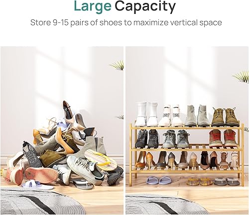 Vista 152 de Zapatero de bambú negro de 4 niveles para entrada, apilable, plegable, natural, organizador de zapatos para armario de pasillo, zapateros de pie