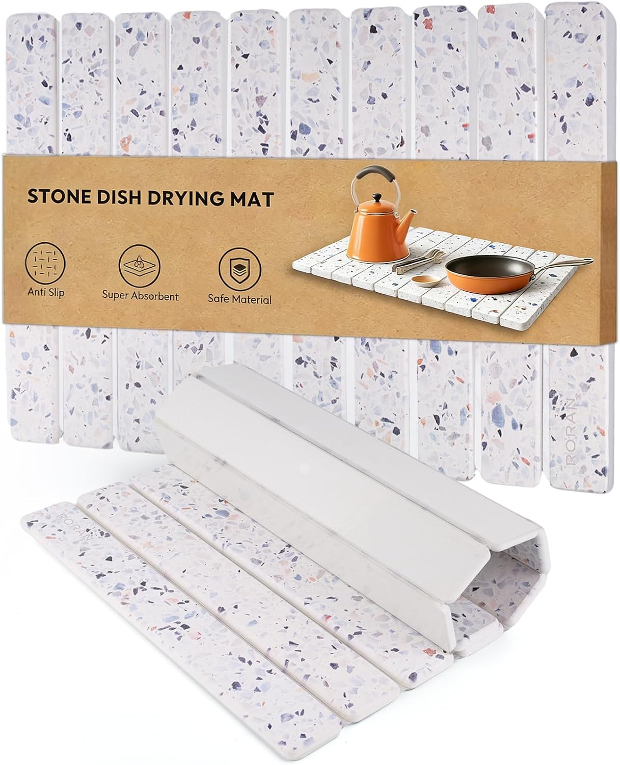 Stone Drying Mat for Kitchen Counter, 24 x 16 inches, Fast Drying Collapsible Dish Drying Mat, Eco-Friendly Absorbent Diatomaceous Earth Mats for Dishes Bottles Cups (Terrazzo)