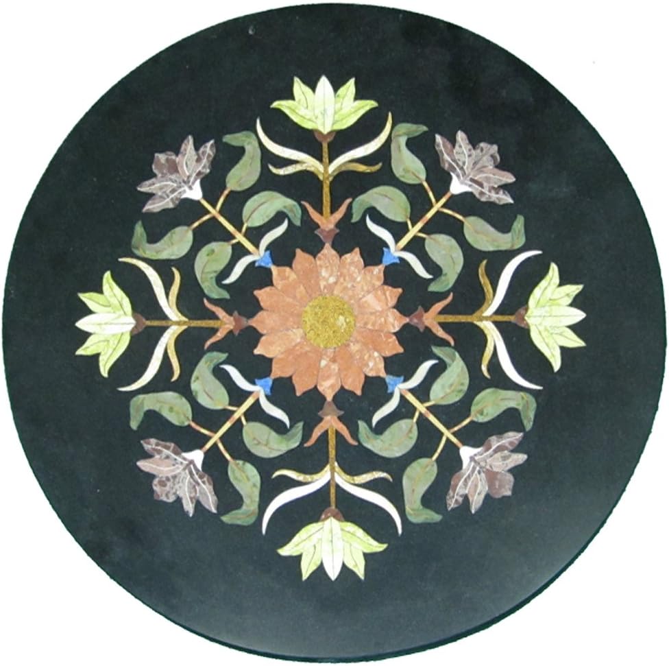 Black Marble Inlay Pietra Dura Coffee Round Table Top 12" inch ~ Beautiful Simple Flowers Designer Table Top Handicrafted Made From One Precious Marble Luxury Home Decorative Indoor For Gift Purpose