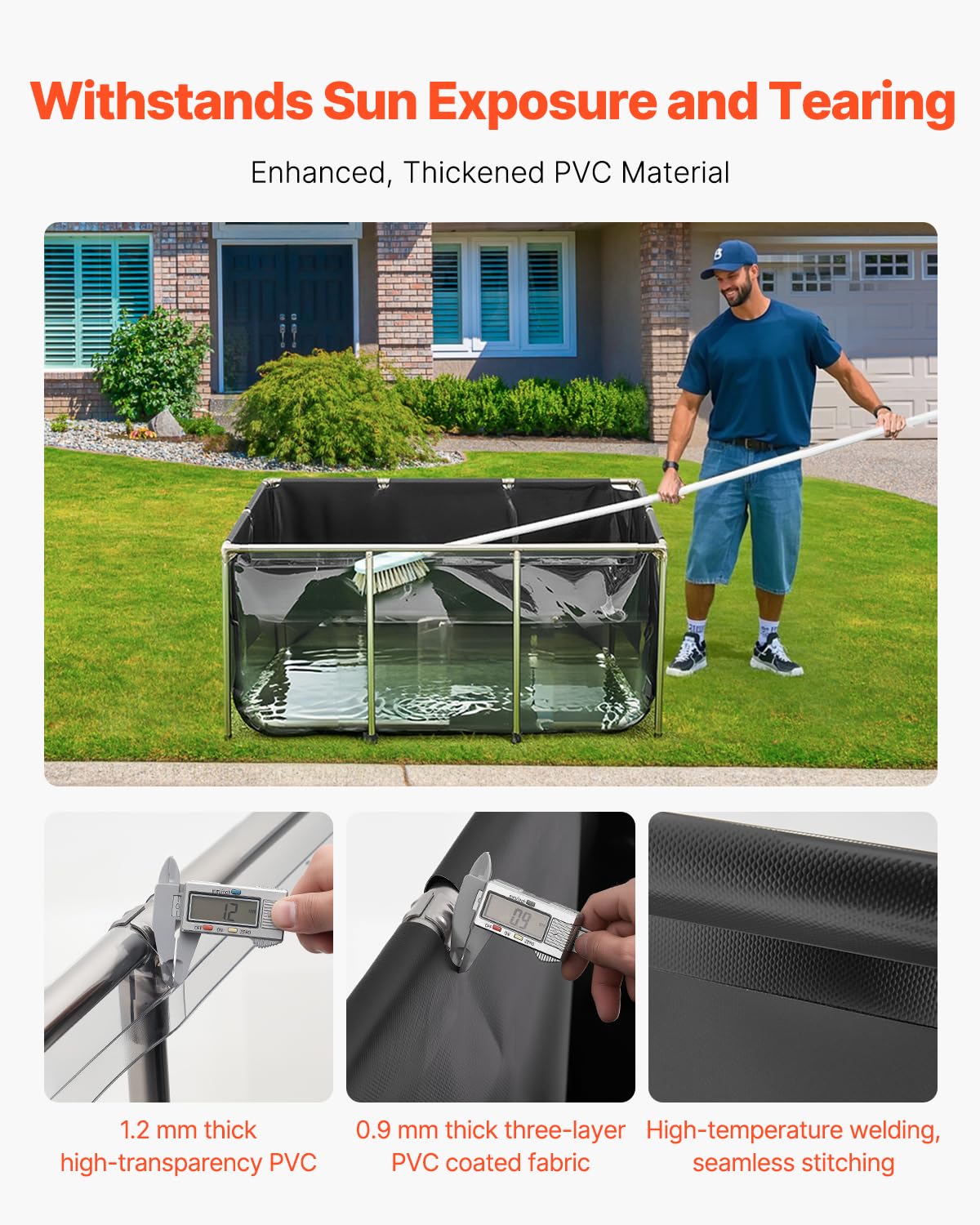 VEVOR Estanque de Lona sobre Suelo 1023,3 L de PVC con Panel de Visualización Transparente Tanque Rectangular 150x100x70 cm para Peces Dorados con Marco de Acero Inoxidable Válvula de Drenaje, Negro