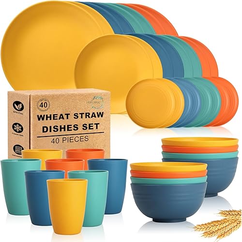 Wheat Straw Dinnerware Set 40 PCS - Service for 8 | Plates and Bowls Sets | Unbreakable Dishes Set - Dinner Plates, Dessert Plate, Cereal Bowls, Drinking Glasses, Dishwasher Safe - Multi