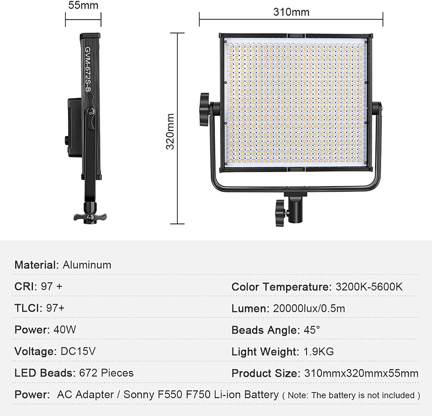 GVM 672S-B Bi-Color LED Video Light Panel, 3200K-5600K Dimmable Photography Lighting, CRI 97+, APP Control, Soft Studio Light for YouTube, Live Streaming, Portrait, Interview, Video Recording