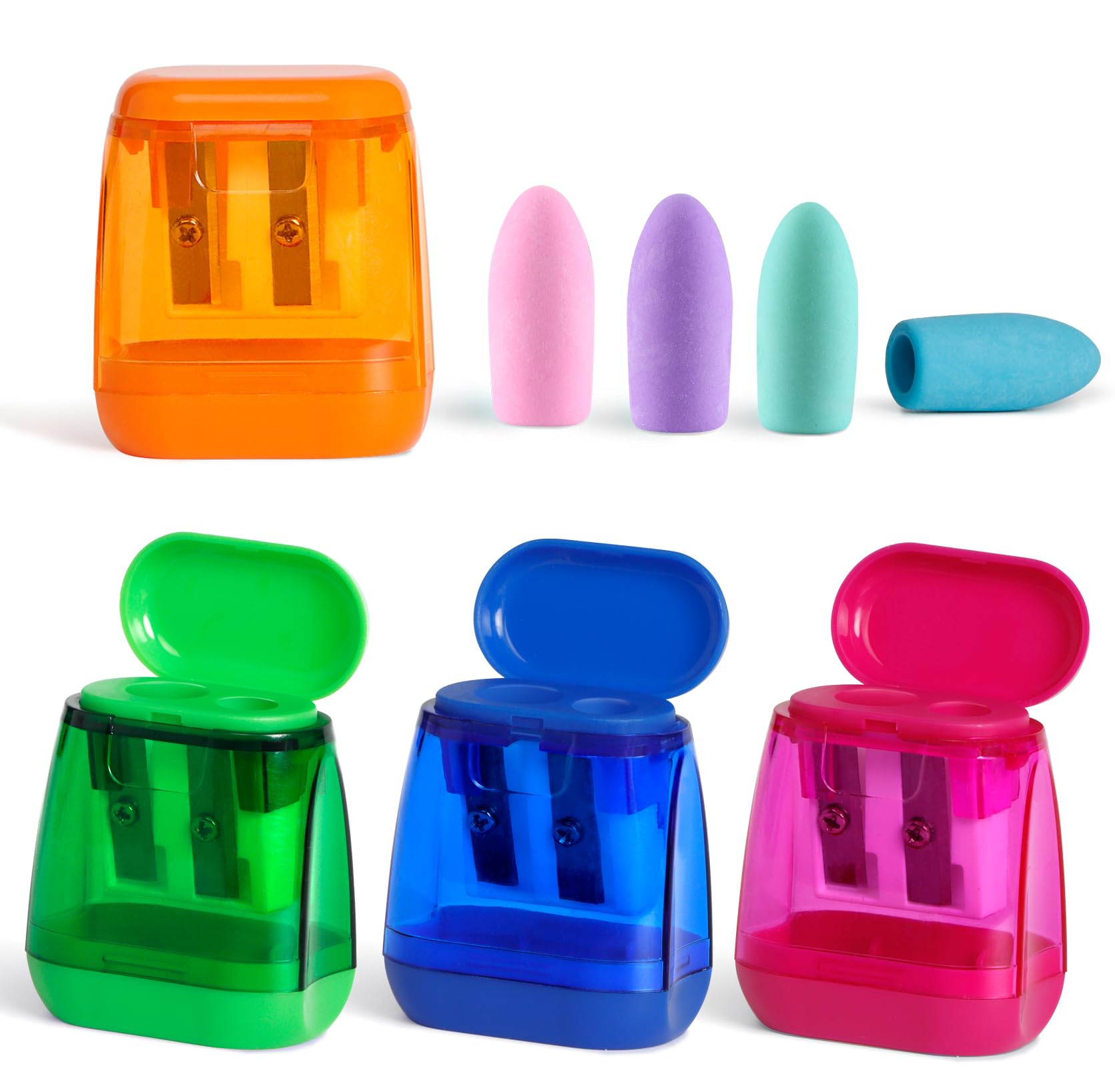 Pencil Sharpeners, Aipker Manual Sharpeners & Pencil Top Eraser Set for Colored Pencils, Colorful Protable Dual Holes Pencil Sharpener with Lid for Kids, Audlts, Artists, Classroom, School & Office