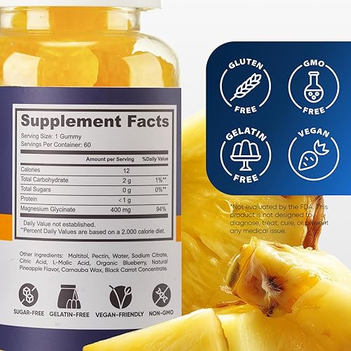 Miniatura 7 de Gomitas de glicinato de magnesio de 400 mg, suplemento de magnesio de alta absorción para mujeres, hombres y niños, apoyo muscular y relajación, sin