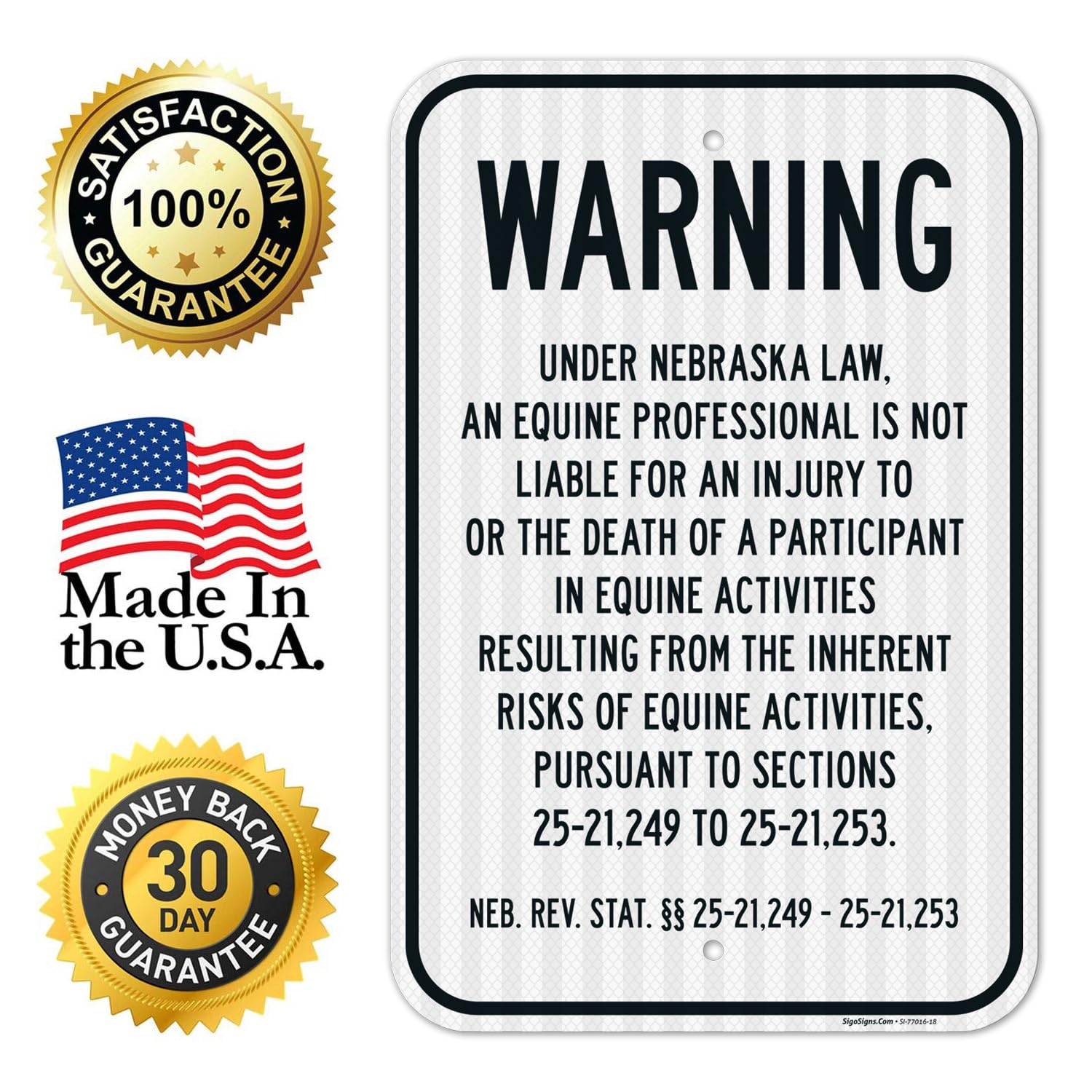 Warning Under Nebraska Law an Equine Professional is Not Liable for an Injury Sign, 12x18 Inches, 3M EGP Reflective .063 Aluminum, Fade Resistant, Made in USA