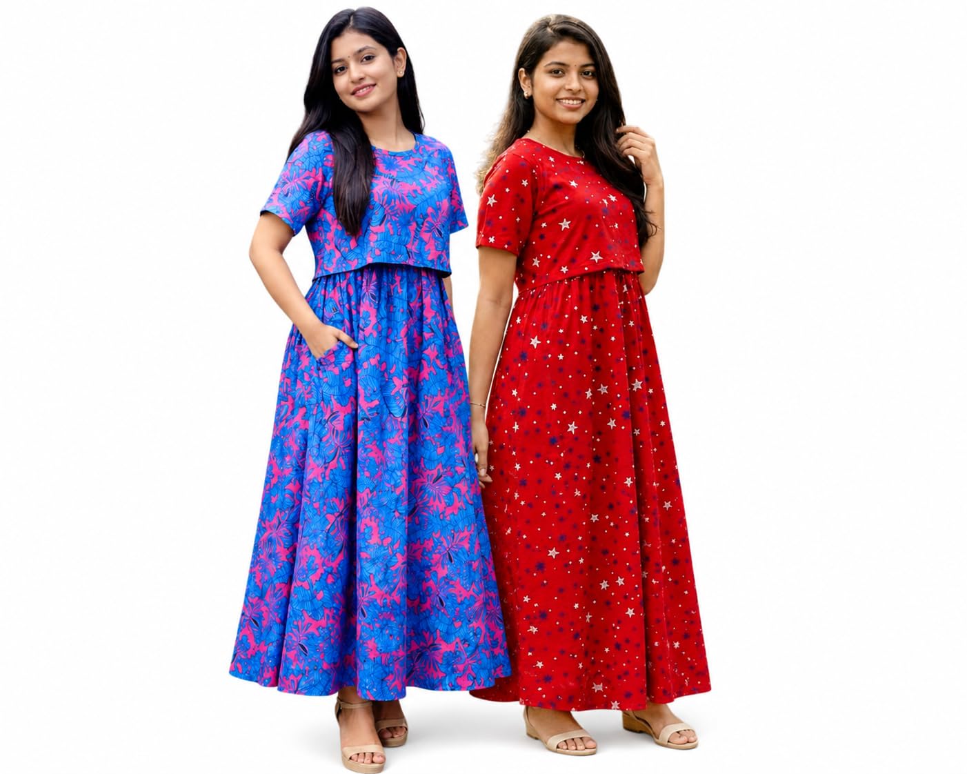 RENIS.Store Women's 100% Cotton Zipless Feeding Maternity Nighty Pack of 2 | Pull Up Nighty | Soft Pregnancy & Feeding Wear, Back Tie with Side Pocket | Blue,Pink Leaf_RED Star | Size-M-image-49