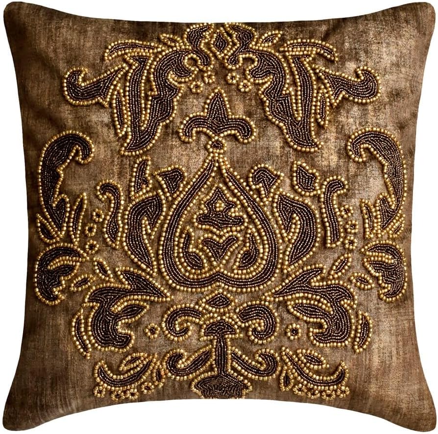 The HomeCentric Pillow Covers, Brown 16"x16" (40x40 cm) Pillow Covers, Suede Foil & Beaded Throw Pillows for Sofa, Damask Pattern Modern Easter - Aureate Brown
