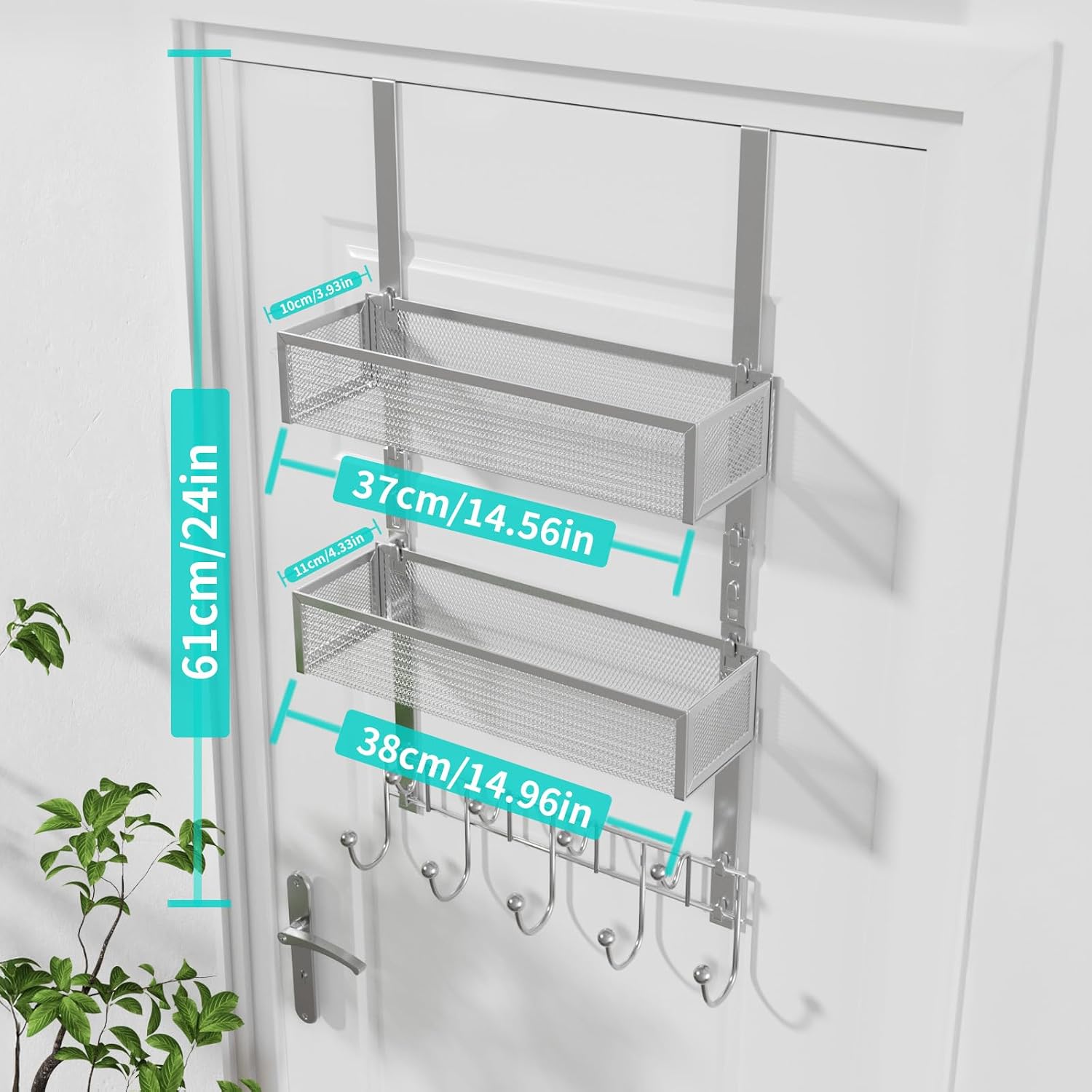 HapiRm Over The Door Hanger with Coat Hooks and 2 Baskets, Rustproof & Waterproof Over The Door Hooks, Storage Organizer for Hats, Bathroom, Kitchen, Bedroom-Silver (for 1.76in Doors) image 5