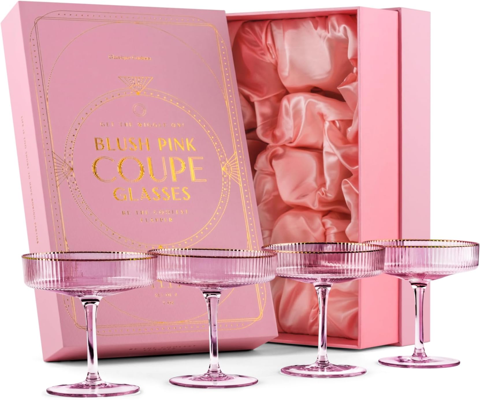GLASSIQUE CADEAU Vintage Art Deco Blush Pink Coupe Glasses with Gold Rims | Set of 4 | 7 oz Crystal Ribbed Cocktail Glassware for Drinking Champagne, Martini, Cosmopolitan | Girly Speakeasy Saucers