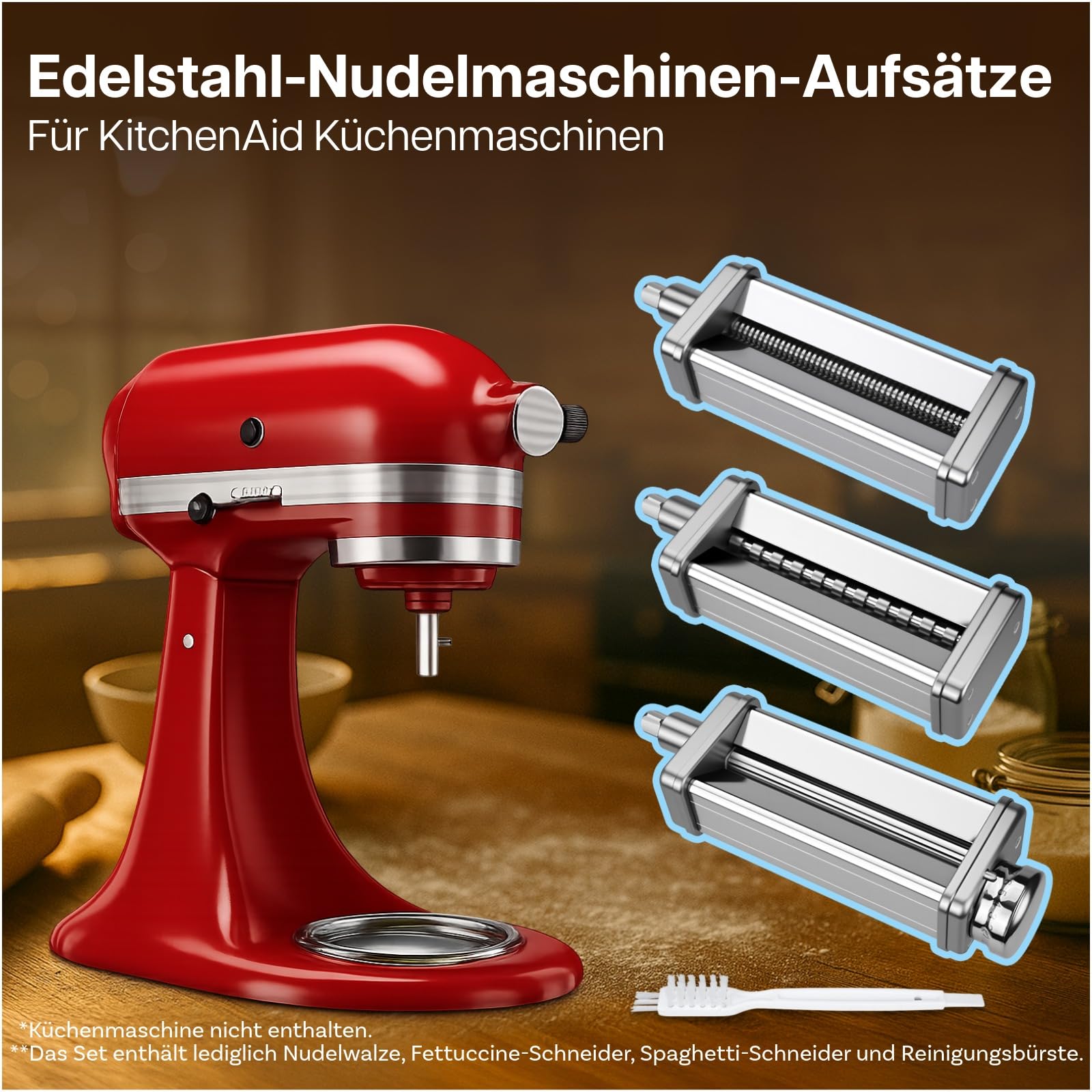 Nudelaufsatz für KitchenAid Küchenmaschine 3-teilig – Pasta Roller, Spaghettischneider & Fettuccineschneider – Edelstahl Aufsätze - Küchenmaschinen Zubehör für KitchenAid von MMOBIEL