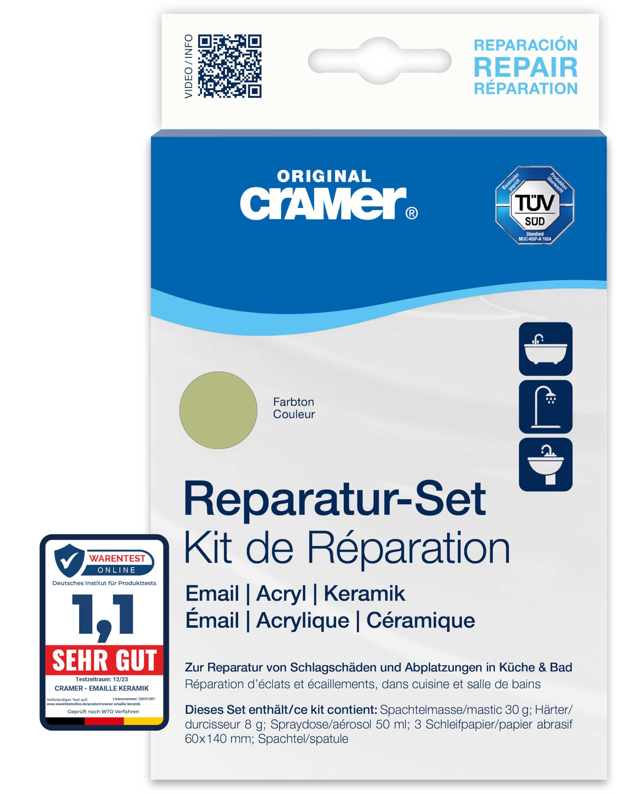 Cramer Enamel Acrylic Ceramic Repair Kit - For Permanent Repair of Baths, Shower Trays and Basins, 16740 Moss Green