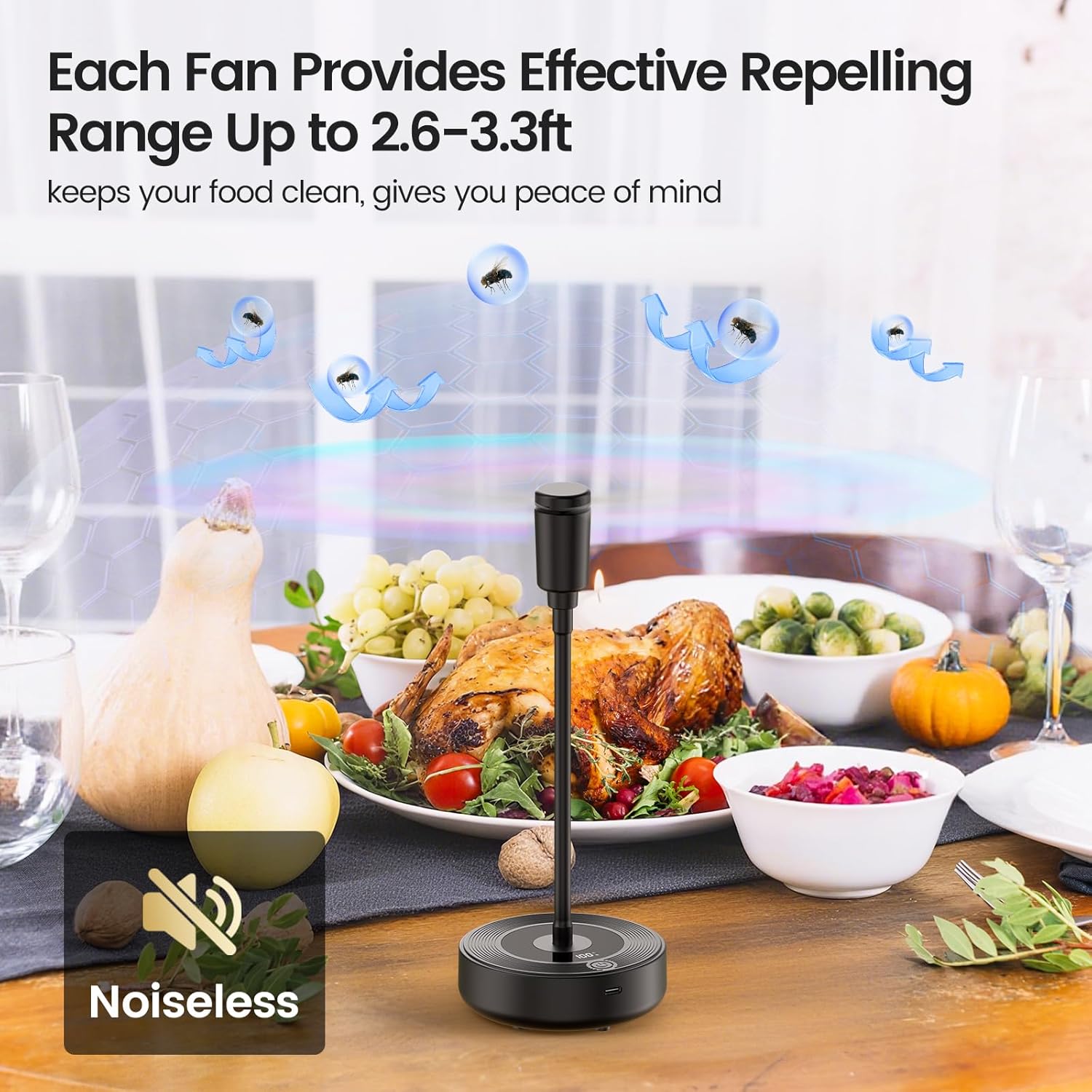 TriPole Fly Fans for Tables, 2000mAh Rechargeable Battery Operated Food Fan Lasts 20 Hrs with LED Display, Portable Fly Table Fan Indoor Outdoor for Picnic, Party, BBQ, Kitchen, Patio, 4 Pack