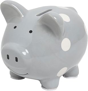 Kate & Milo Mini Ceramic Piggy Bank, Gender Neutral Nursery Décor, Baby Girl and Baby Girl Keepsake Gift, Gray with White Polka Dots