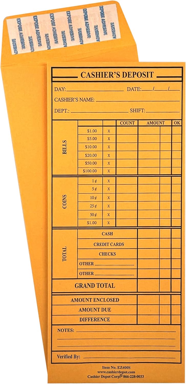 500 Cashier Depot - Cashier's Report Envelopes EZ400S, 4 1/8 x 9 1/2 Inches, Brown Kraft Paper, Peel & Seal, Pre-Printed Cash Report Form, for Business Deposits, 500 Count