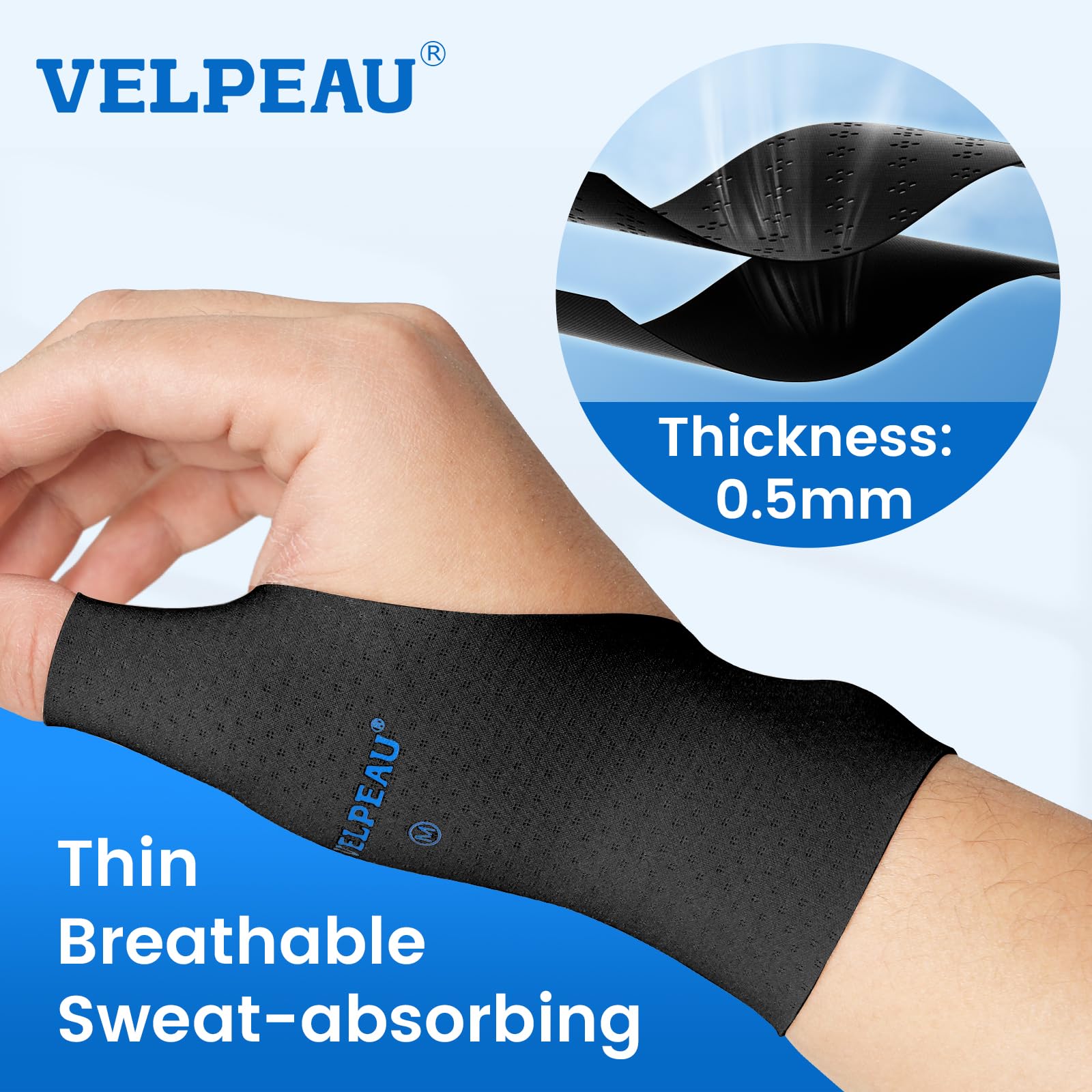 VELPEAU Elastic Thumb Wrist Support Brace (Pack of 2), Splashproof Compression Sleeve for Arthritis Pain, Tendonitis, Sprains, Sports, Splint Liner, Fits Left & Right Hands (Black, Long Version, S) — view 2