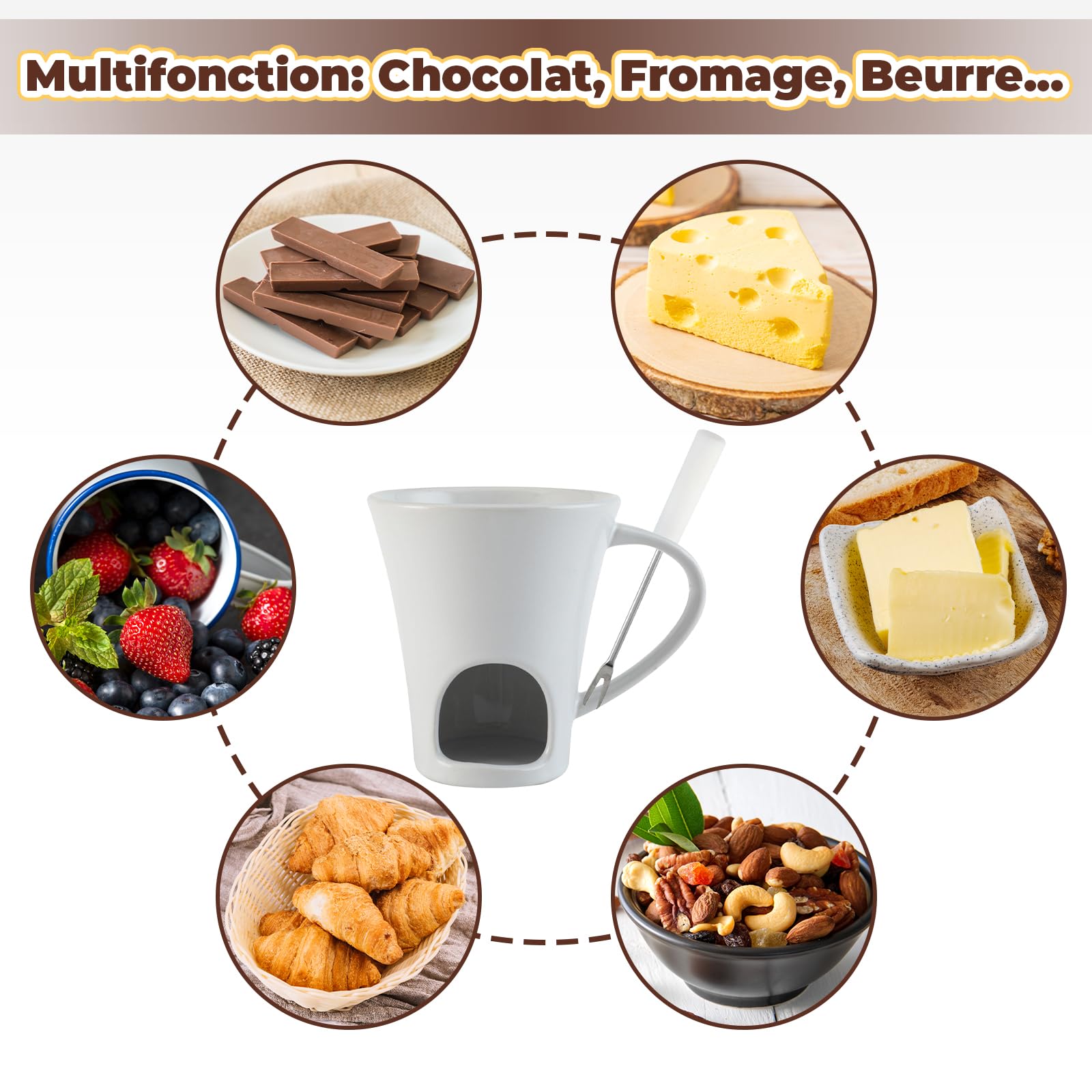 Mug Fondue Chocolat Céramique 130ml Avec 2 Fourchettes - Idéal Fêtes Et Soirées