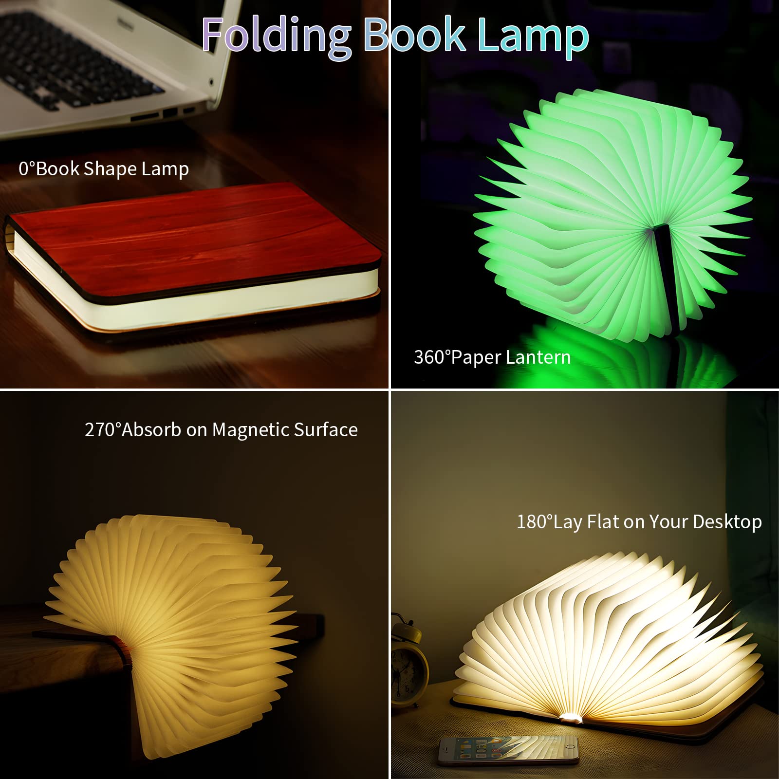 Vergissm Buch-Lampe aus Holz, verbesserte 5 Farben, Neuheit, Beleuchtung, 360 ° faltbare Buchlampe, blau/grün/weiß/orange/rot, LED-Papierlaterne für Schreibtisch, Zimmer, Bibliotheksdekoration