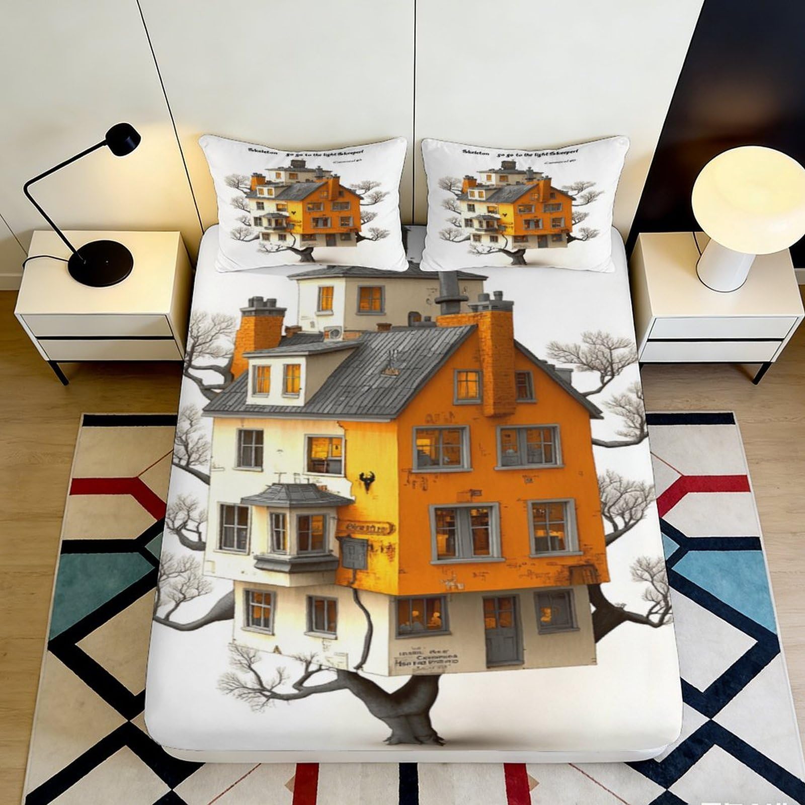 3D Printed Cottage Fitted Sheet Microfiber Deep Pocket Non-Slip Bedroom Bedding Set Cottage Mattress Fitted Cover Washable 200x200x25cm