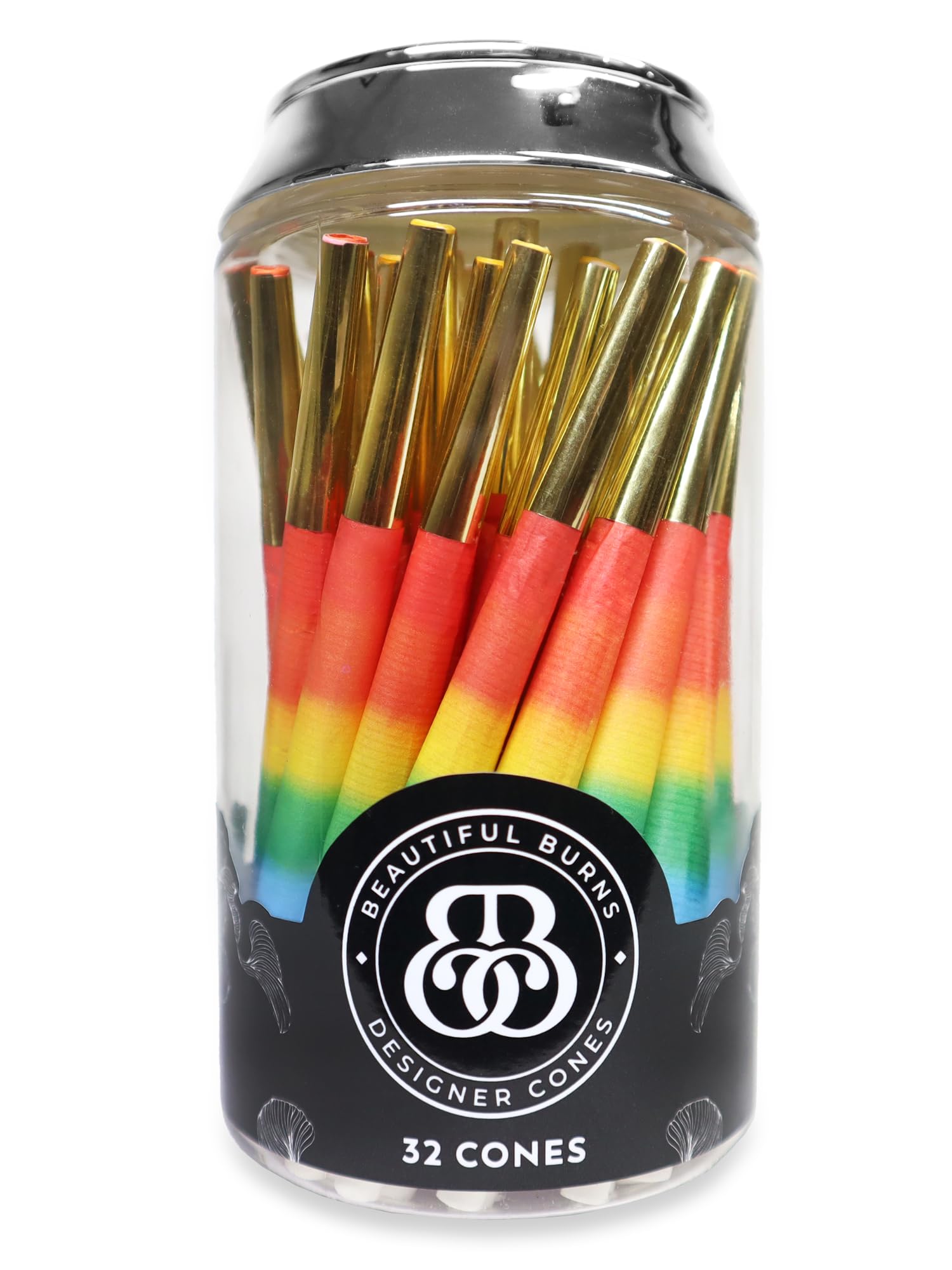Beautiful Burns Over The Rainbow Pre Rolled Cones - 32 Count Jar of 98mm Rolling Papers With Foil Tips - Pre-Rolled Cones - Vibrant Design