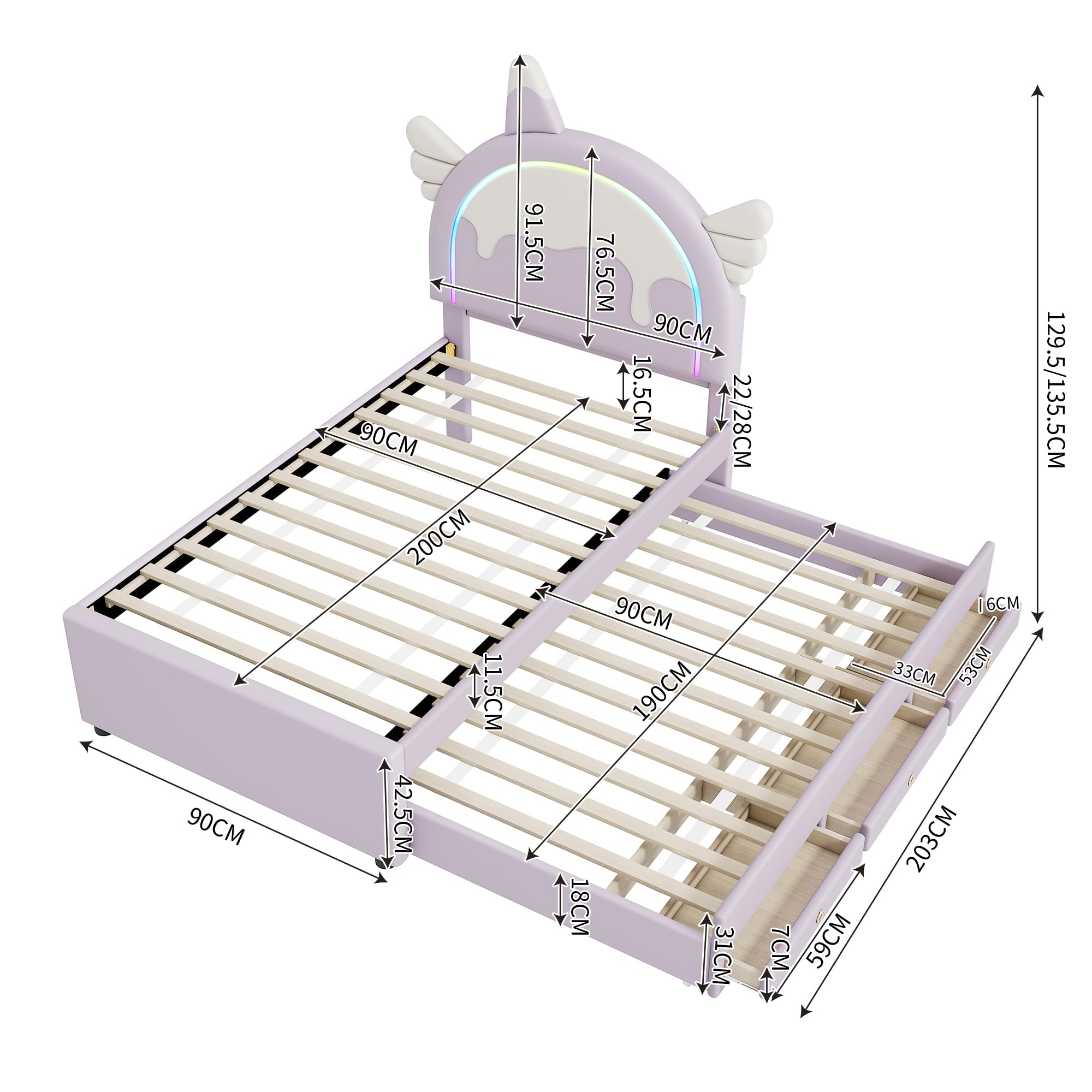 Lettino a forma di unicorno, 90 x 200 cm, con letto a rotelle estraibile, materiale PU, viola