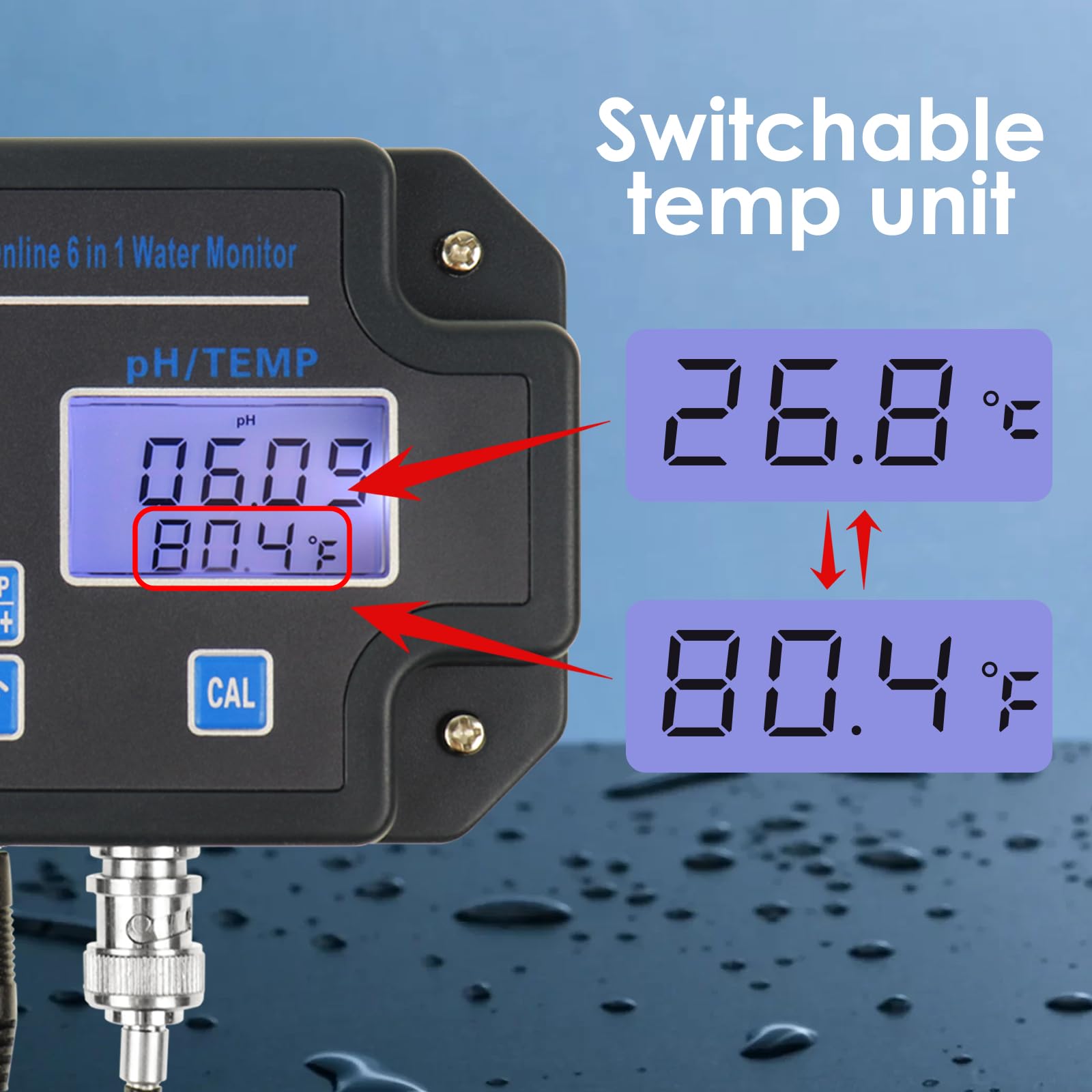Monitor EC pH per Idroponica, Tester della Qualità dell’Acqua 6-in-1 con Wi-Fi, Misuratore di pH, Monitoraggio Continuo di pH, PPM, EC, CF, Umidità e Temp per Sistemi di Coltivazione Indoor DWC