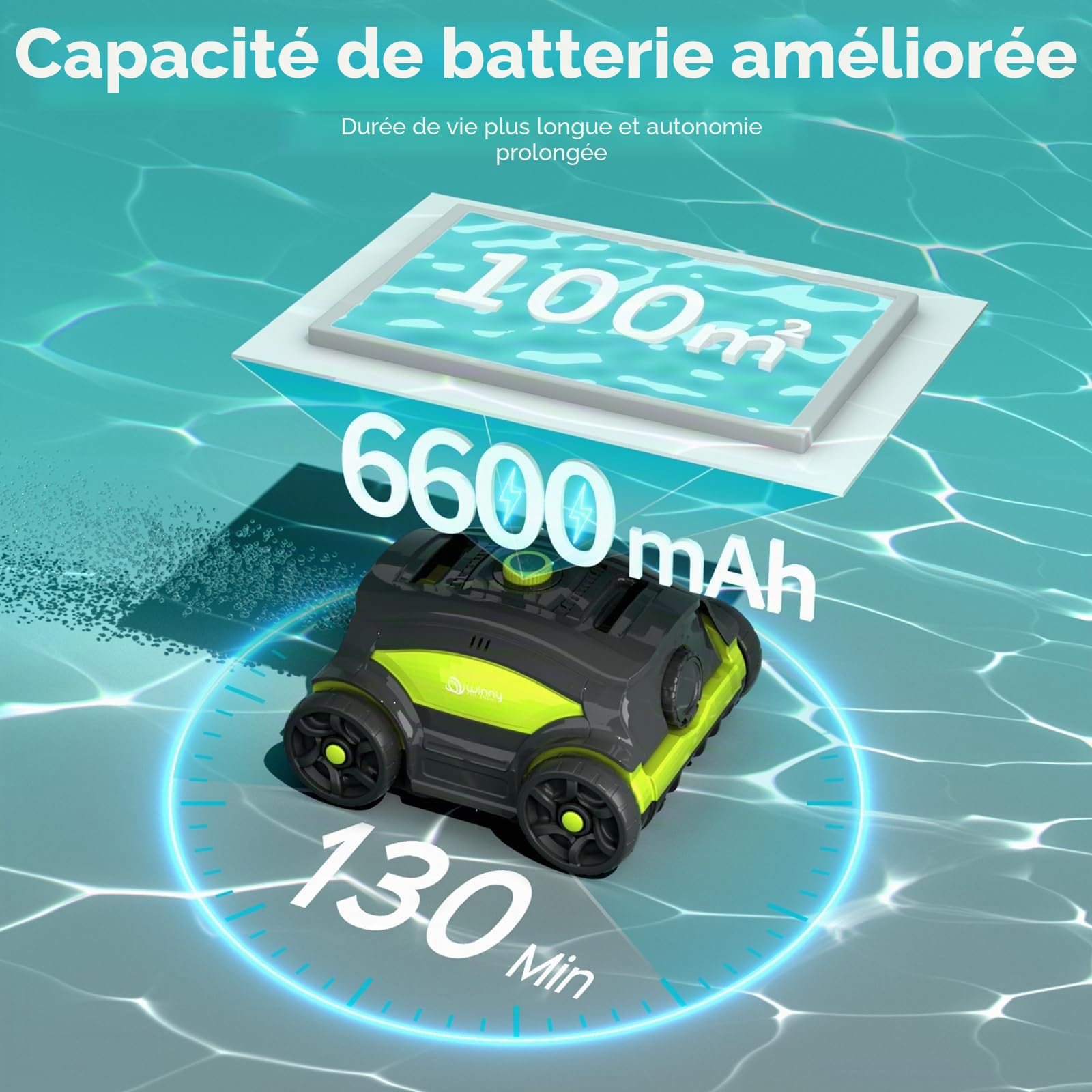 WINNY POOL CLEANER Winny 300II Robot Piscine, Aspirateur Piscine sans Fil avec Batterie,120 Min,LED,Stationnement Automatique,Nettoyeur de Piscine pour Piscine Hors-Sol 100m²-Noir Vert