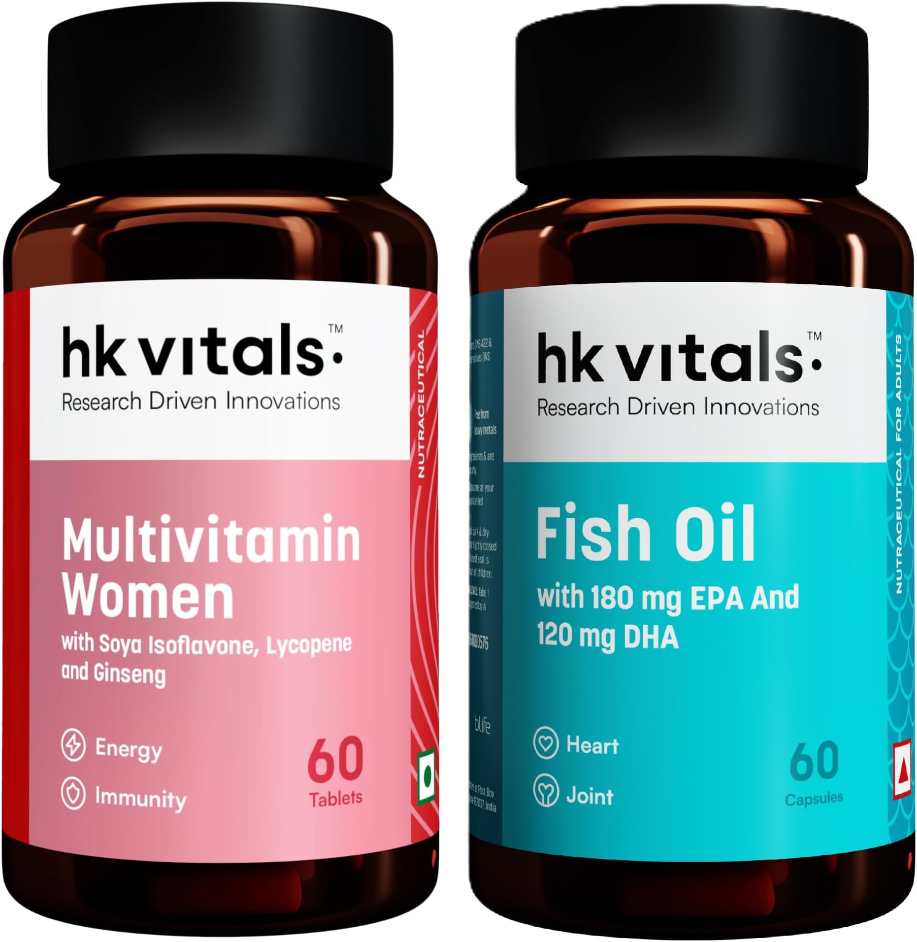 HealthKart HK Vitals Fish Oil with Omega 3 and Multivitamin For Women Combo, 60 Fish Oil Capsules + 60 Multivitamin Tablets