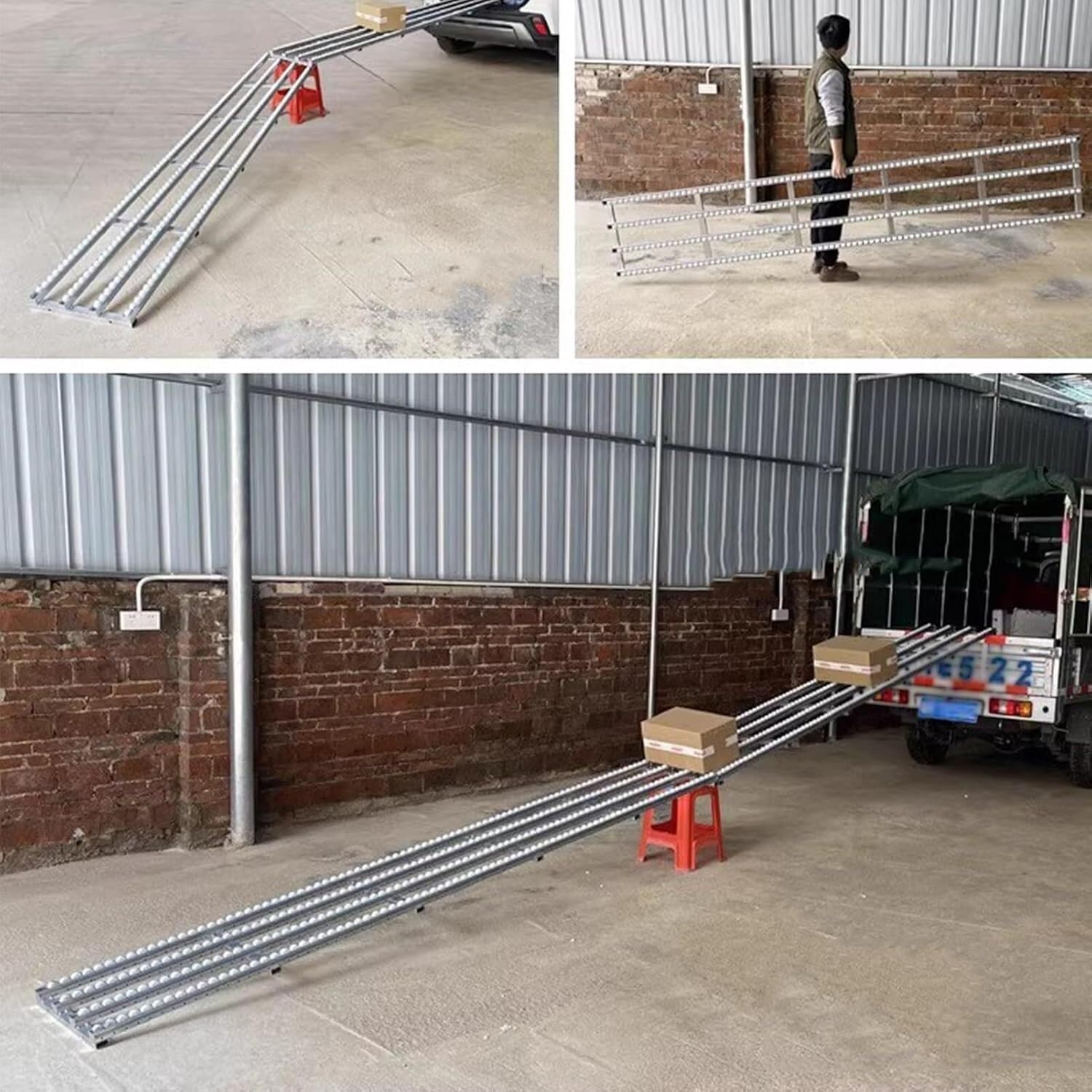 Transportador de rodillos sin alimentación con polea de descarga plegable, marco de metal y rodillo de plástico ABS, A40 x 250 cm
