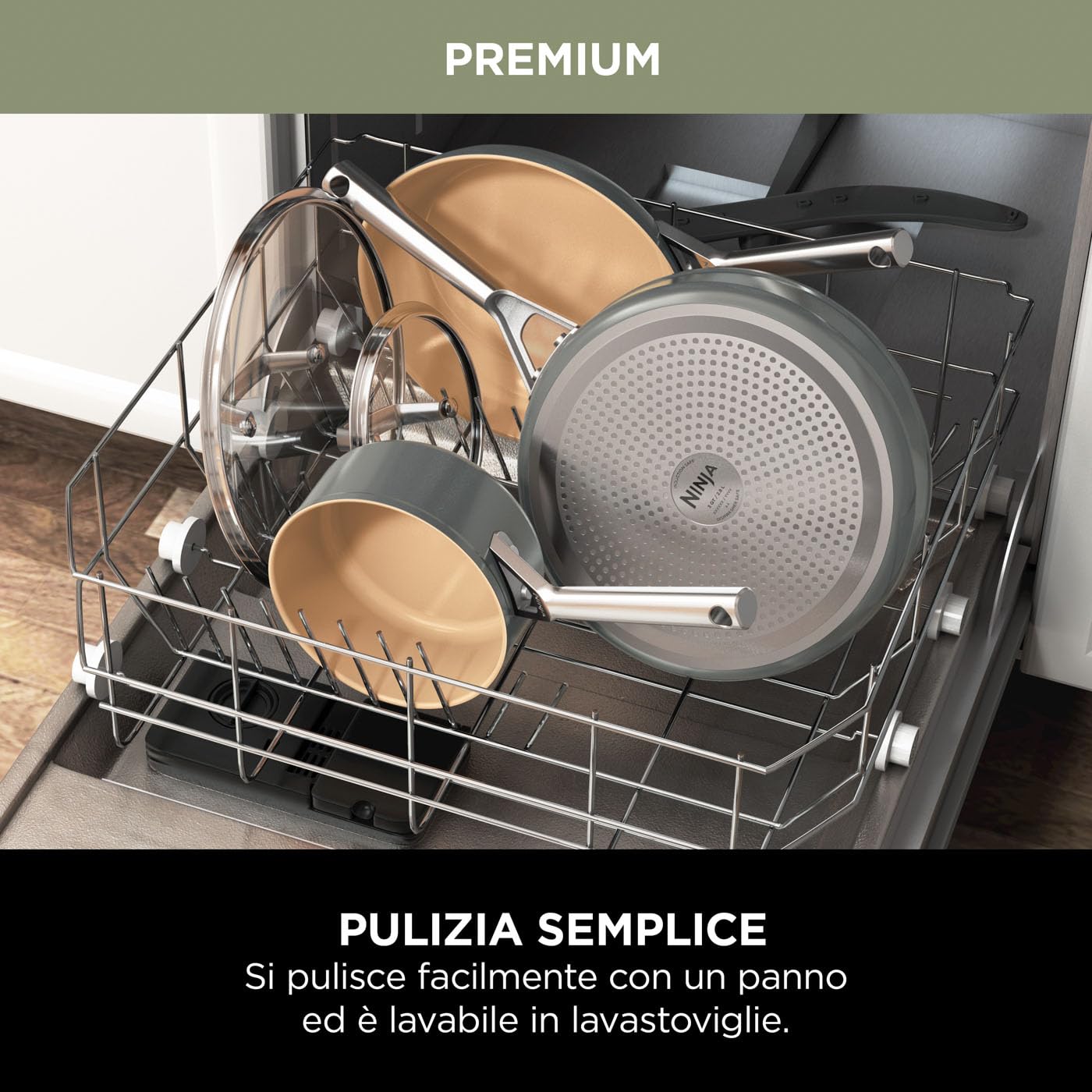Ninja Set di Pentole in Ceramica a Lunga Durata, Grigio/Terracotta | 2 Padelle e 3 Pentolini con Coperchio, Antiaderenti (senza PFAs, PFOAs, Piombo o Cadmio), in Forno fino a 285°C