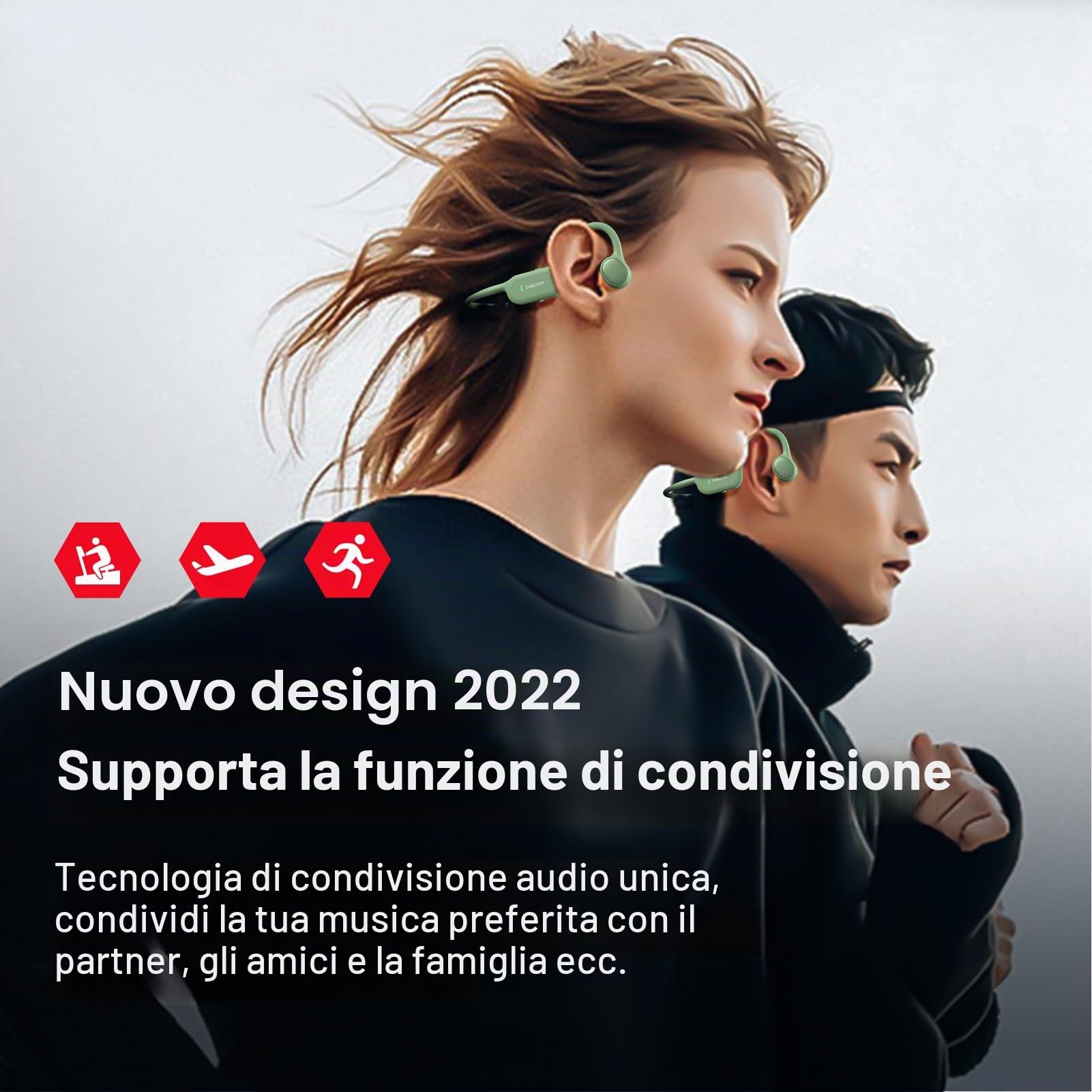 DACOM Cuffie a Conduzione Ossea, Auricolari Sportivi Bluetooth 5.3 Senza Fili IPX7 Cuffie Auricolari Aperte 2 in 1 Impermeabili con Microfono per Corsa, Escursionismo, Allenamento Di guida (Verde)