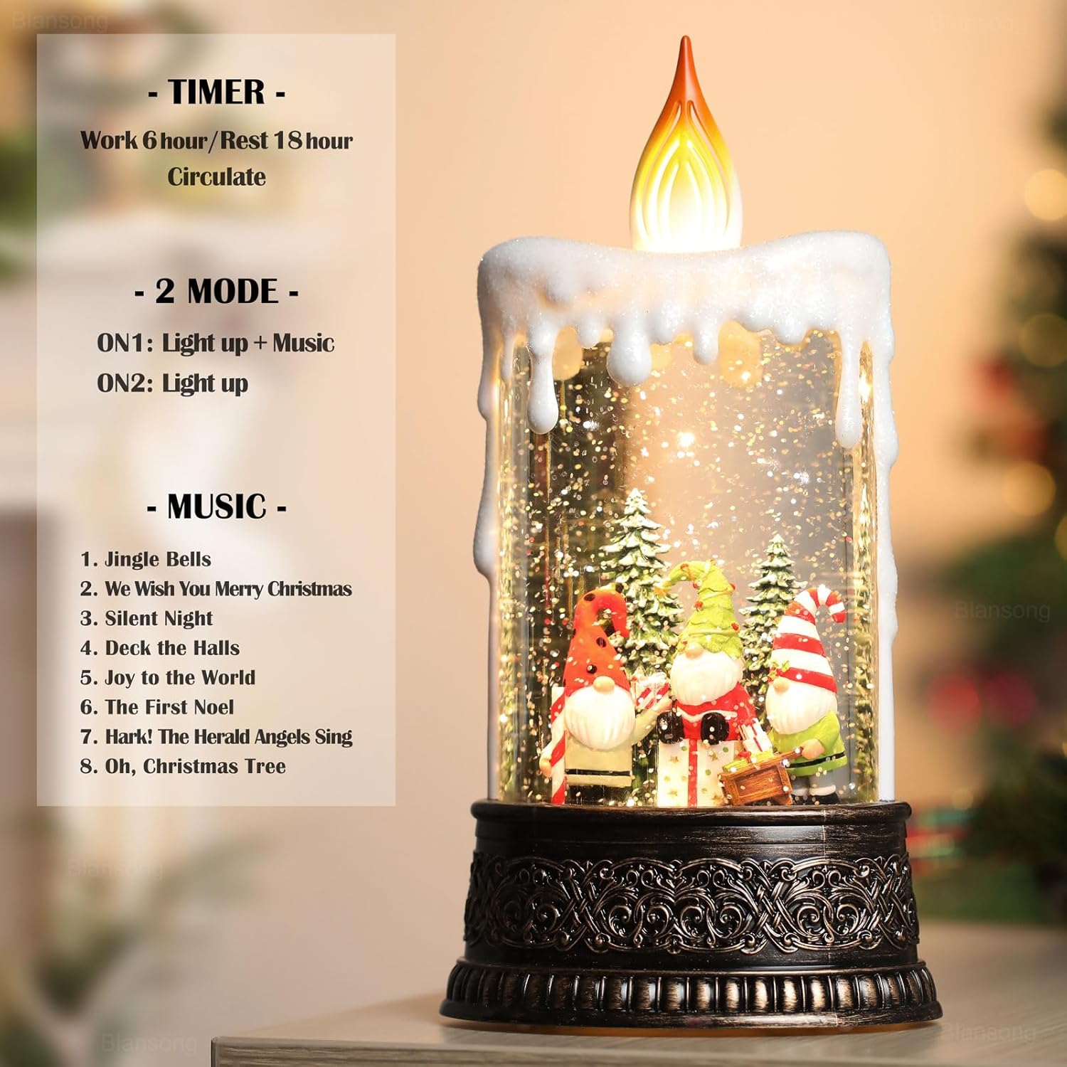 Gnome Snow Globe Candle Christmas Decorations Gifts Auto Snowfall Glitter Music Collection with 6H Timer USB/Battery Powered 9.7 inch - Image 4