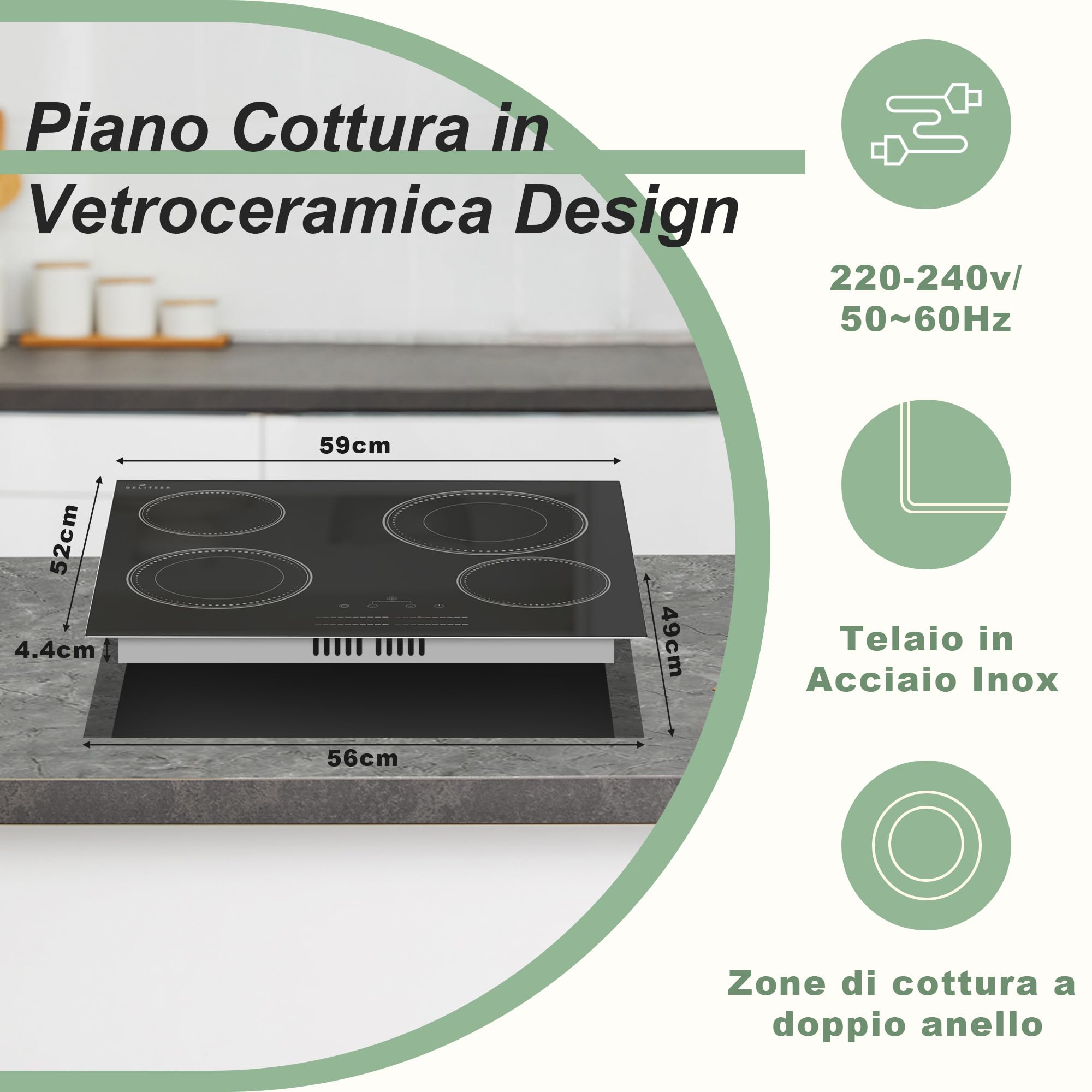 DELITEER Piano Cottura Vetroceramica a 4 Piastre, Piano Cottura in Vetroceramica da Incasso 59cm, 6600W, Controllo Touch a Scorrimento, Doppia Zona Flessibile, Piano Cottura a 4 Piastre, senza Spina