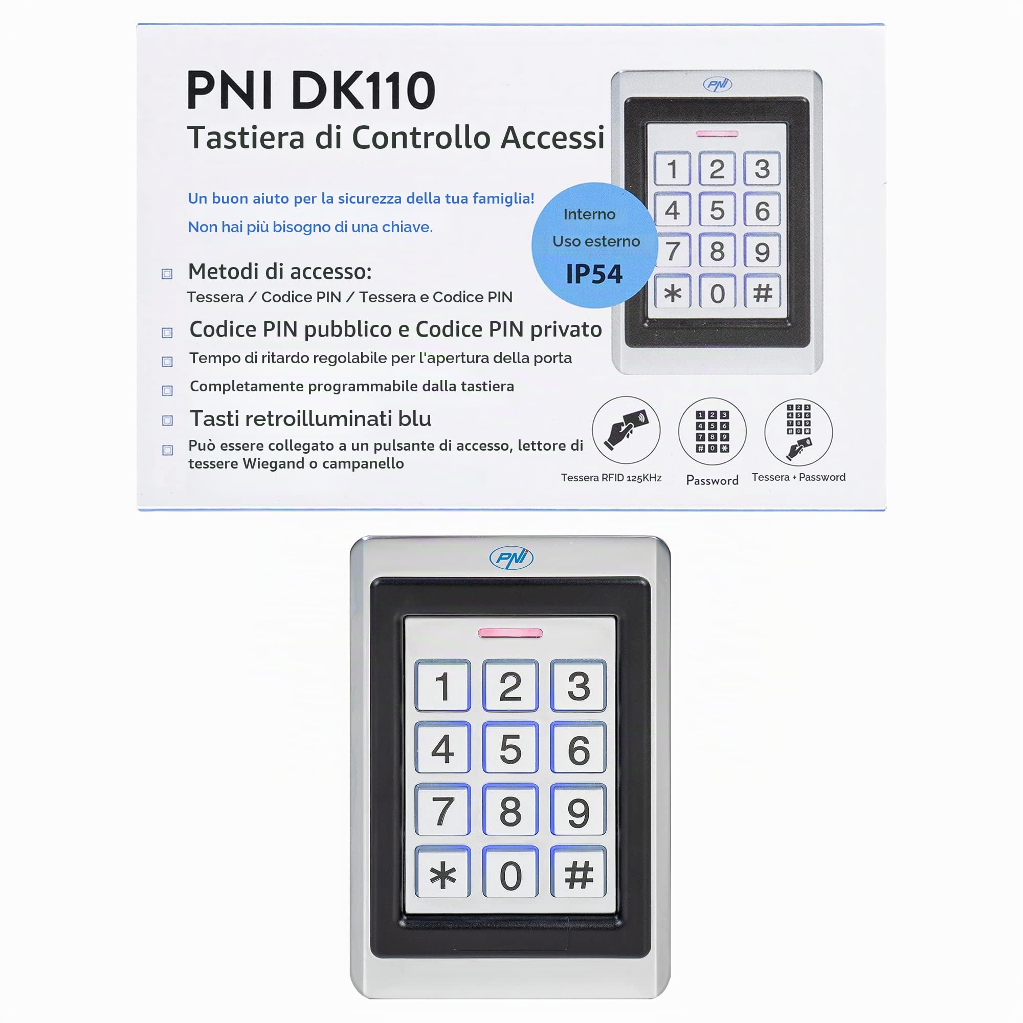 Tastiera per controllo accessi PNI DK110, stand alone, esterno e interno, IP54