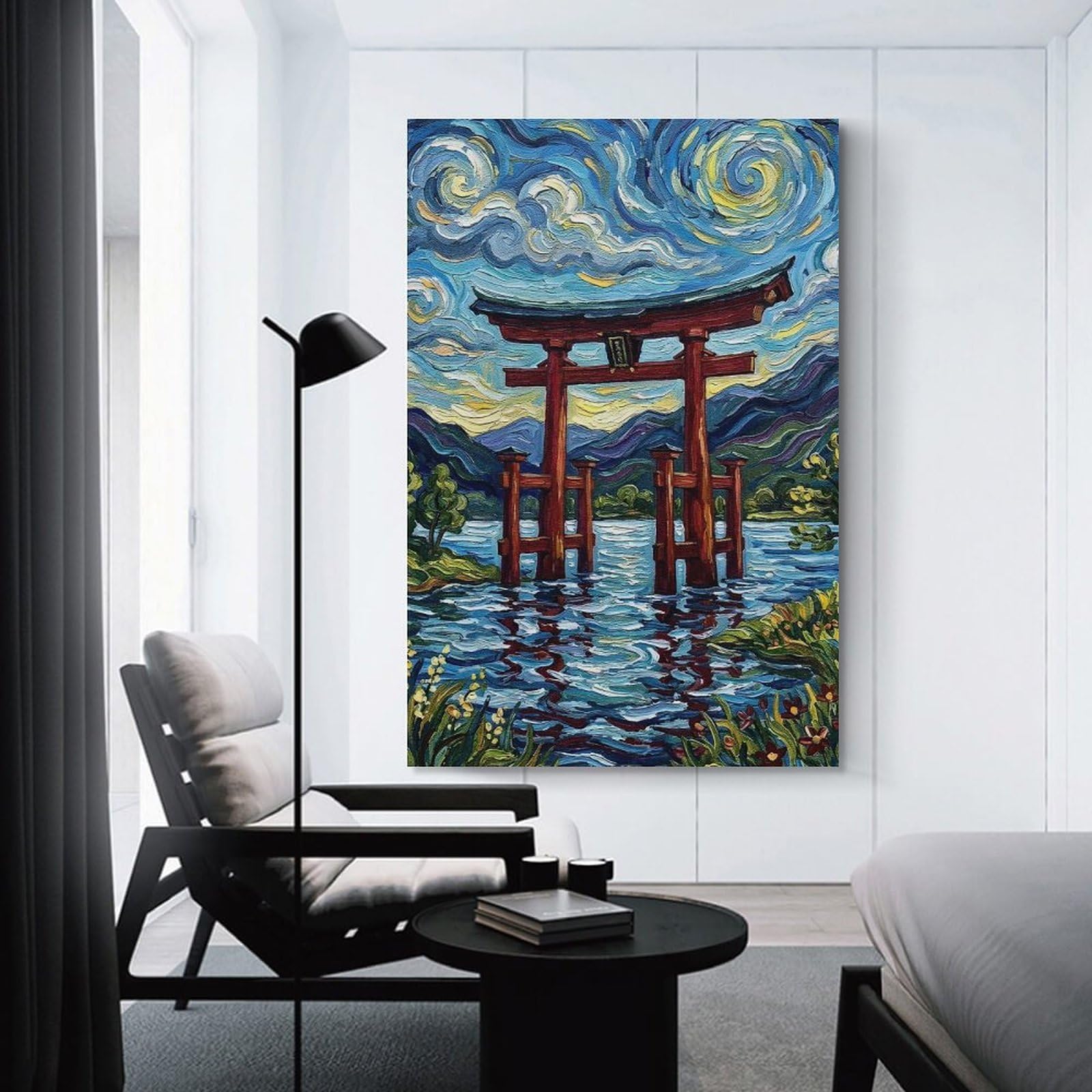 Junmoney Torii Gate in Water with Starry Sky Wall Art Print, 24x36inch(60x90cm), for Study, Office Or Focused Interiors, Home Office Artwork with Decorative Appeal