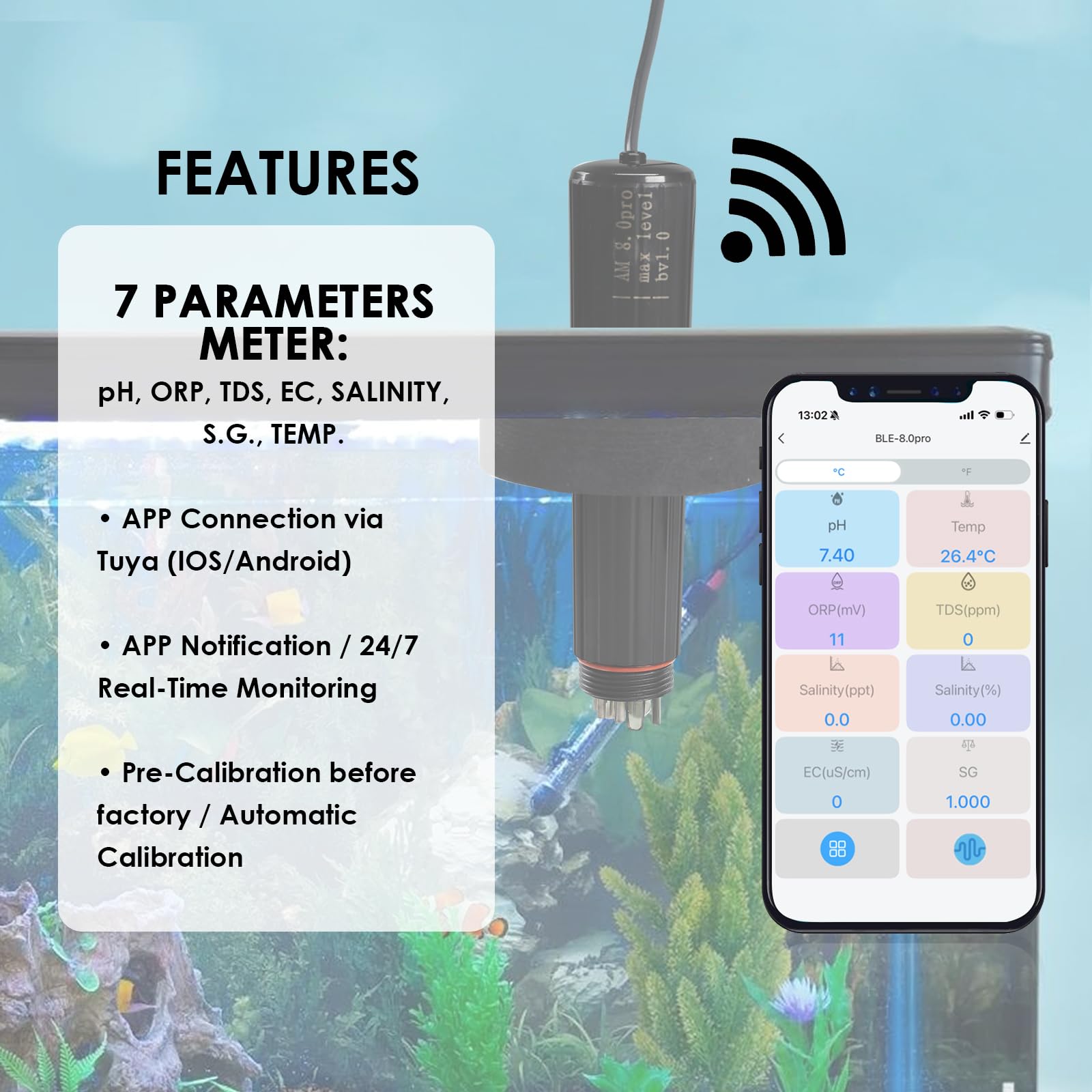 Sonde Intelligente WiFi 7-en-1 pour la Qualité de l’Eau – Surveillance en Temps Réel du pH | Température | TDS | CE | Salinité | Densité (S.G) & ORP via Application en Ligne 24/7
