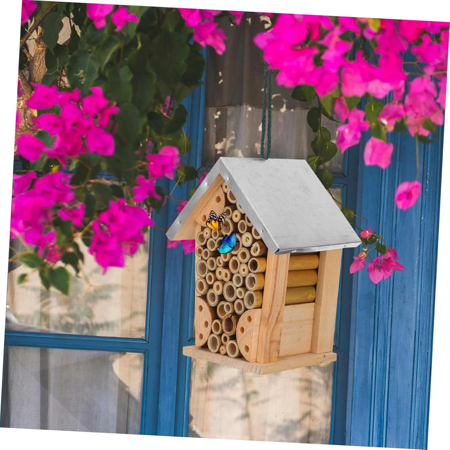 Milisten Waterproof Wooden Insect Bee House Hanging Habitat for Bees Butterflies Ladybugs Outdoor Pollinator Hotel for Garden and Yard Sturdy Iron Sheet Design