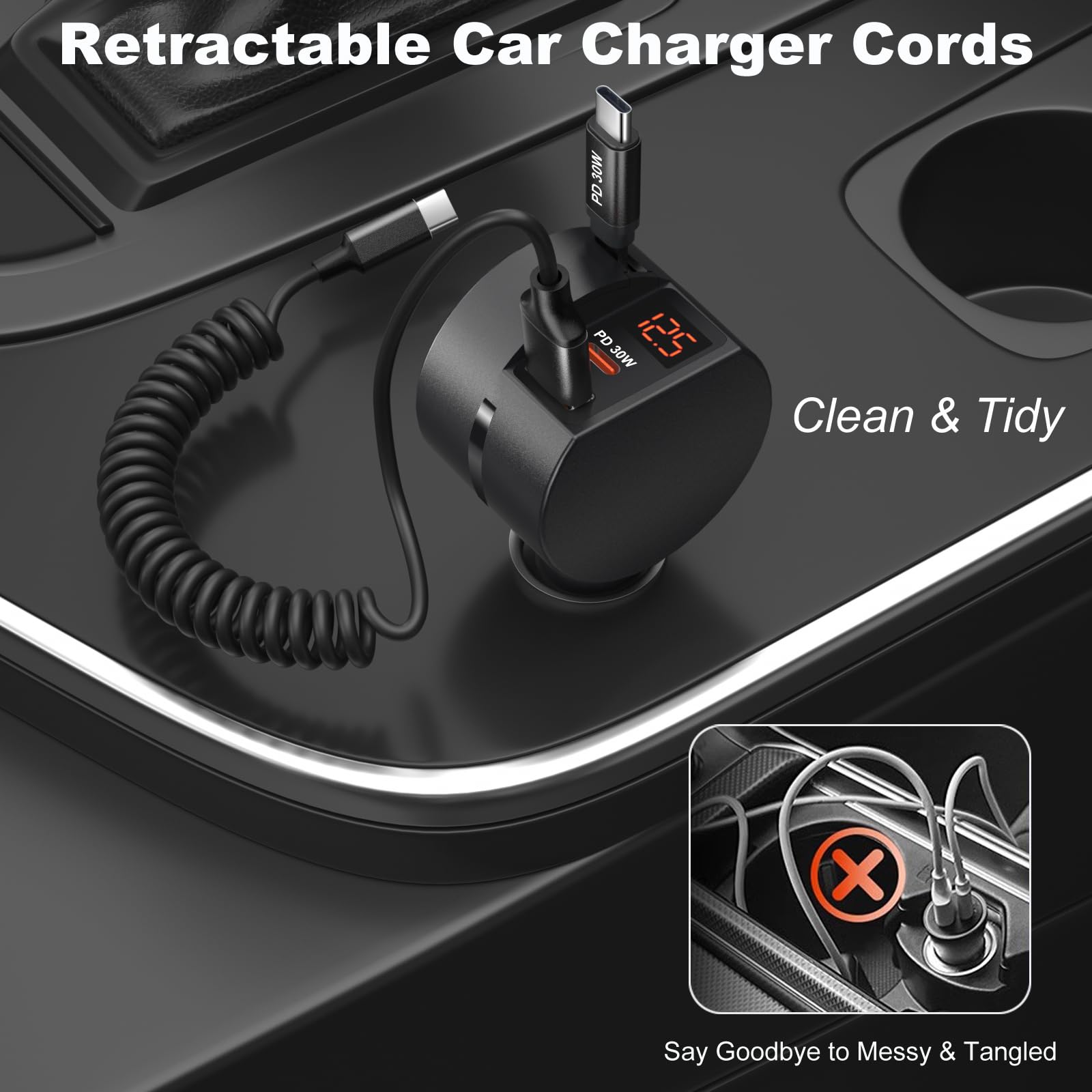 OKRAY Paquete de 2 cargadores retráctiles de coche de 78 W y 3 puertos con 2 cables de carga USB C en espiral