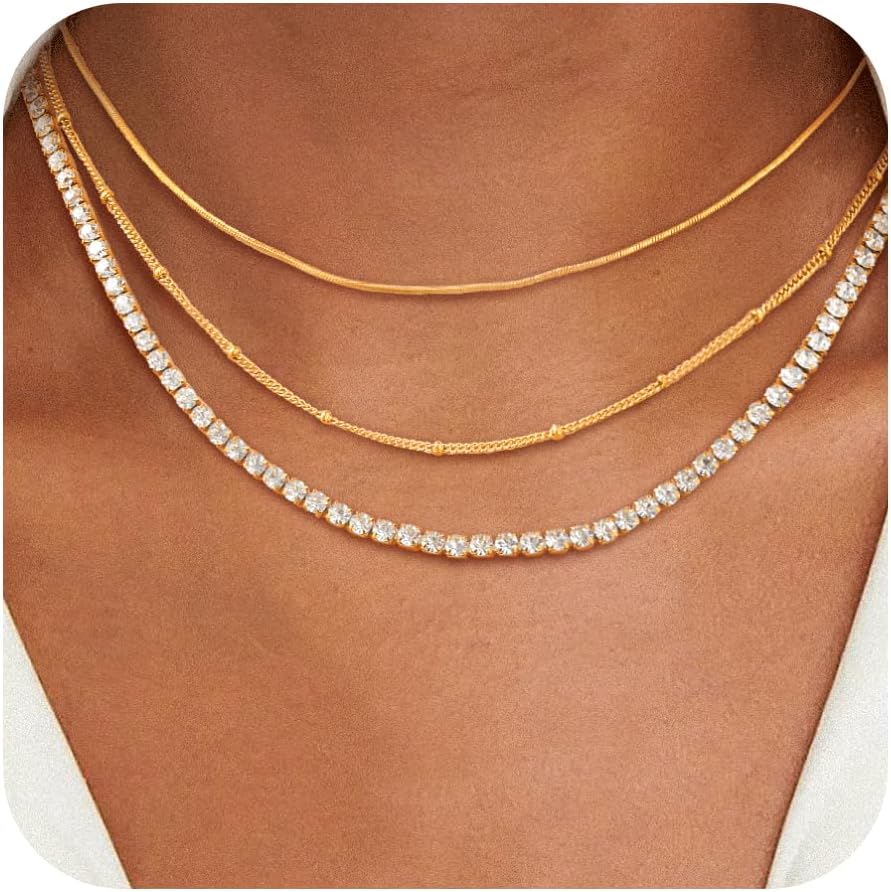 MPRAINBOW Layered Gold Necklaces for Women, 18K Gold Plated Necklace Chains,Stackable Cuban Link Chain Necklace,Hypoallergenic Trendy Stack Necklace Jewelry,Christmas Wedding Prom Gift For Her