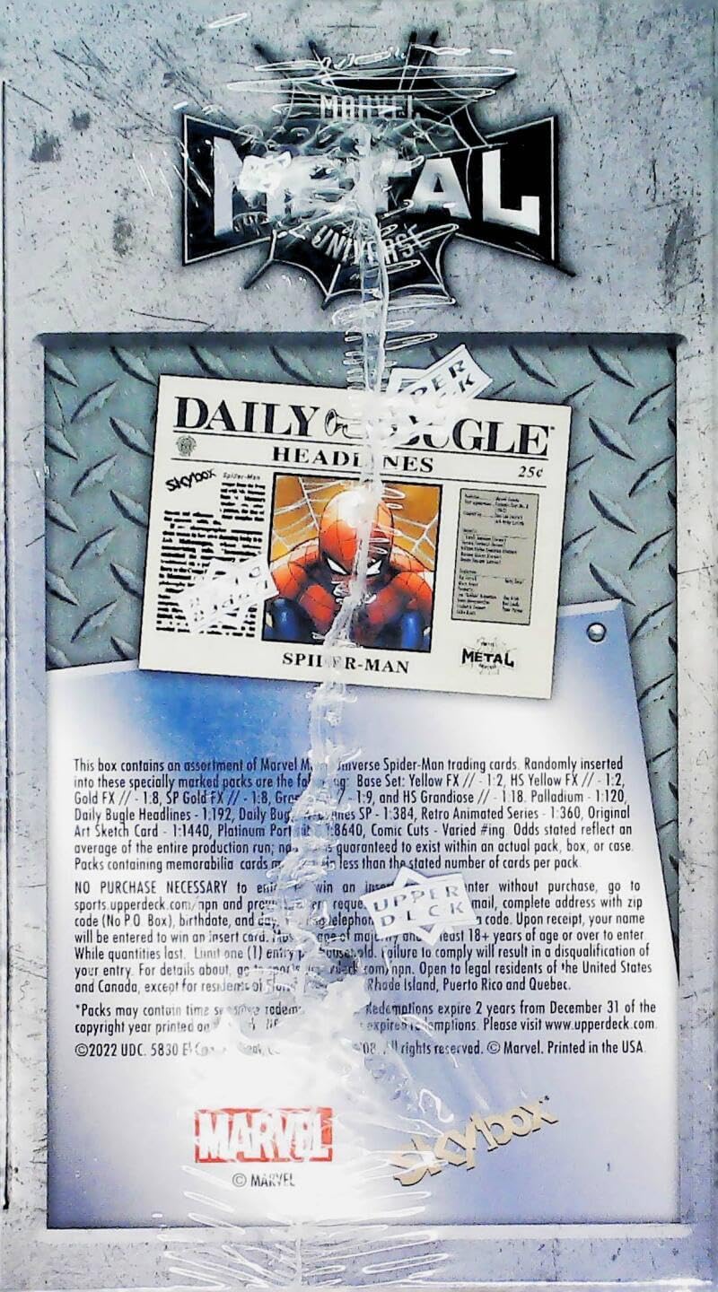 2022 Upper Deck Marvel Metal Universe Spider-Man Factory Sealed Blaster Box 6 Packs of 6 Cards. Collect the Blaster Exclusive Yellow FX Parallels.