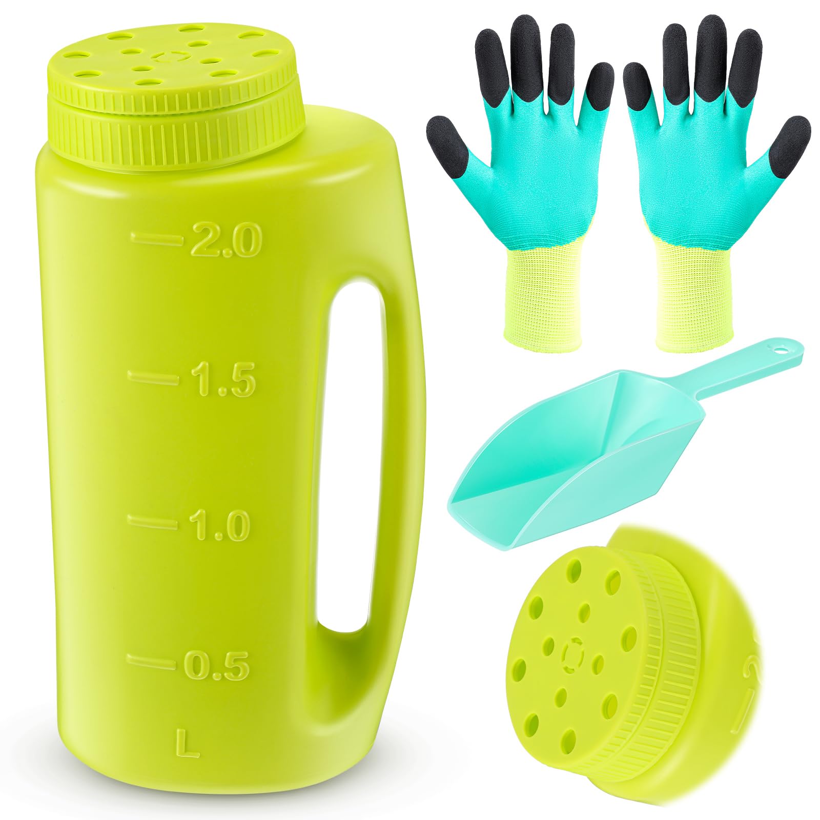 Handheld Spreader Set with Scoop &amp; Gloves for Seed, Salt, De-icer,Green