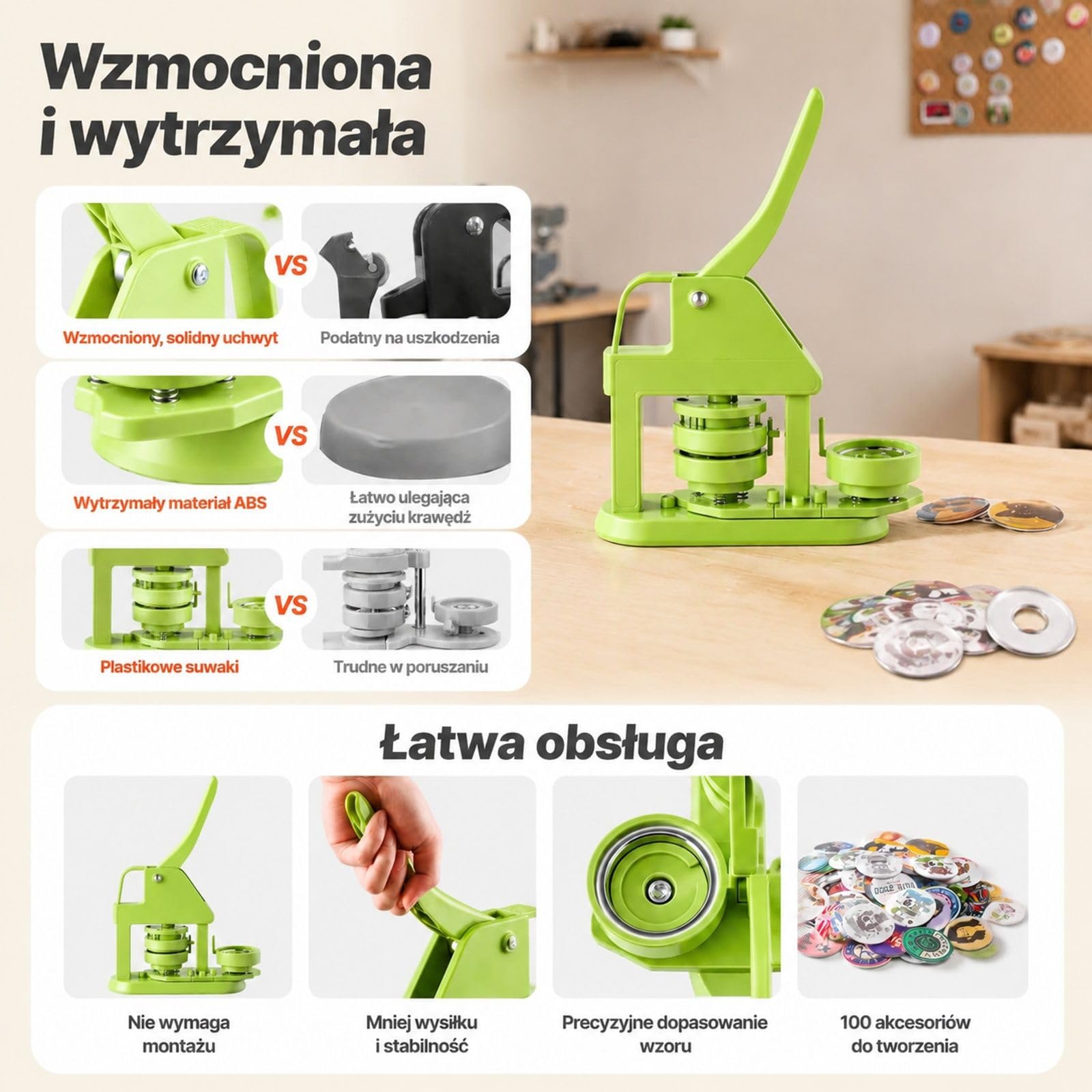 Maszyna do przypinek ze 100 elementami guzików, zielony zestaw ABS+PP do projektów DIY i personalizowanych wzorów