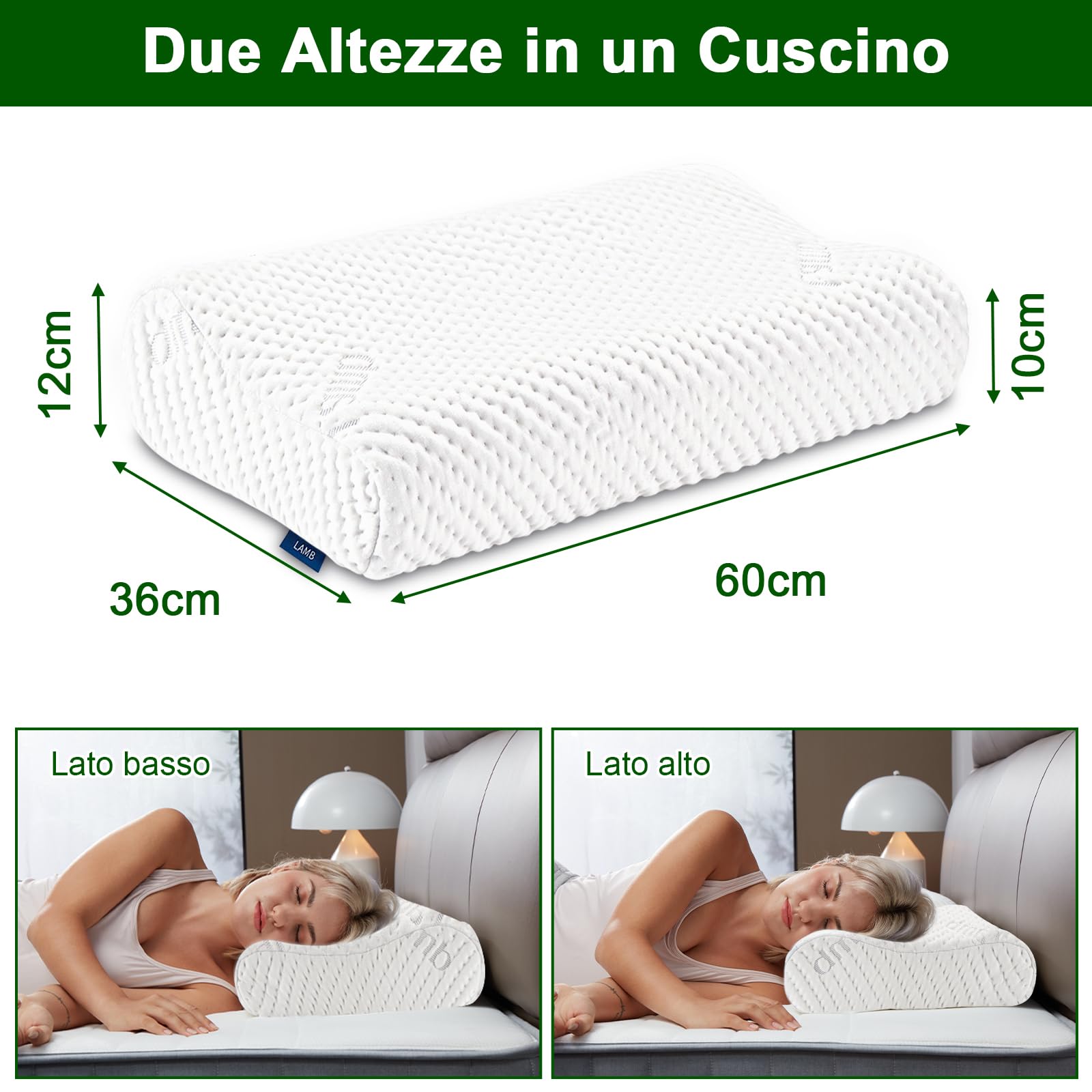LAMB Cuscino Cervicale per Dormire, Memory Foam Ortopedico, Altezza Regolabile, Antirussamento, Traspirante, Antiacaro, Federa Lavabile, Cuscini Letto Matrimoniale