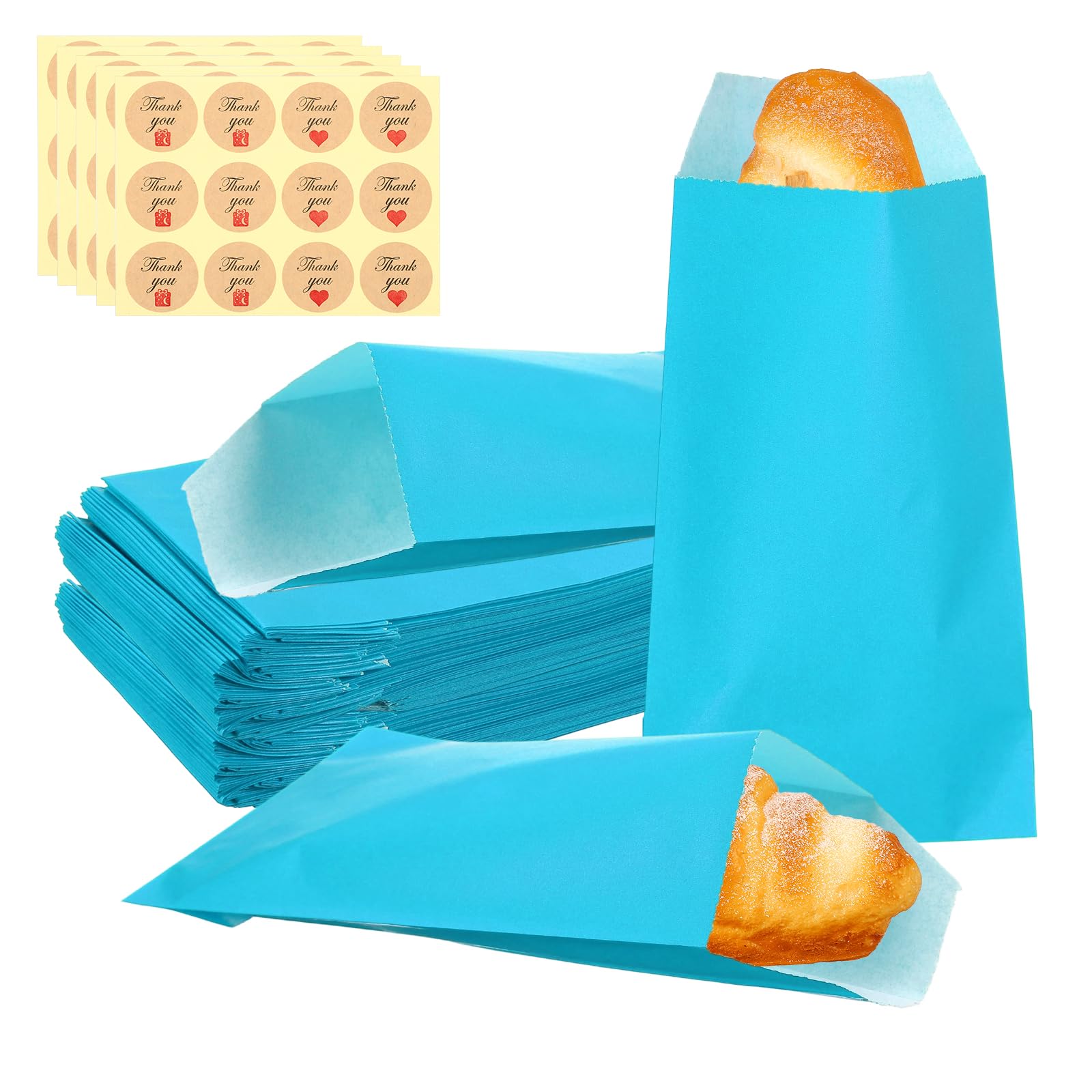 sourcing map 100Pcs Kraft Paper Treat Bags, 15x8cm Greaseproof Favor Gift Candy Bags Small Paper Bag with Stickers for Bakery Cookie Pastry Snack Treat Sandwich DIY Gift Craft, Blue