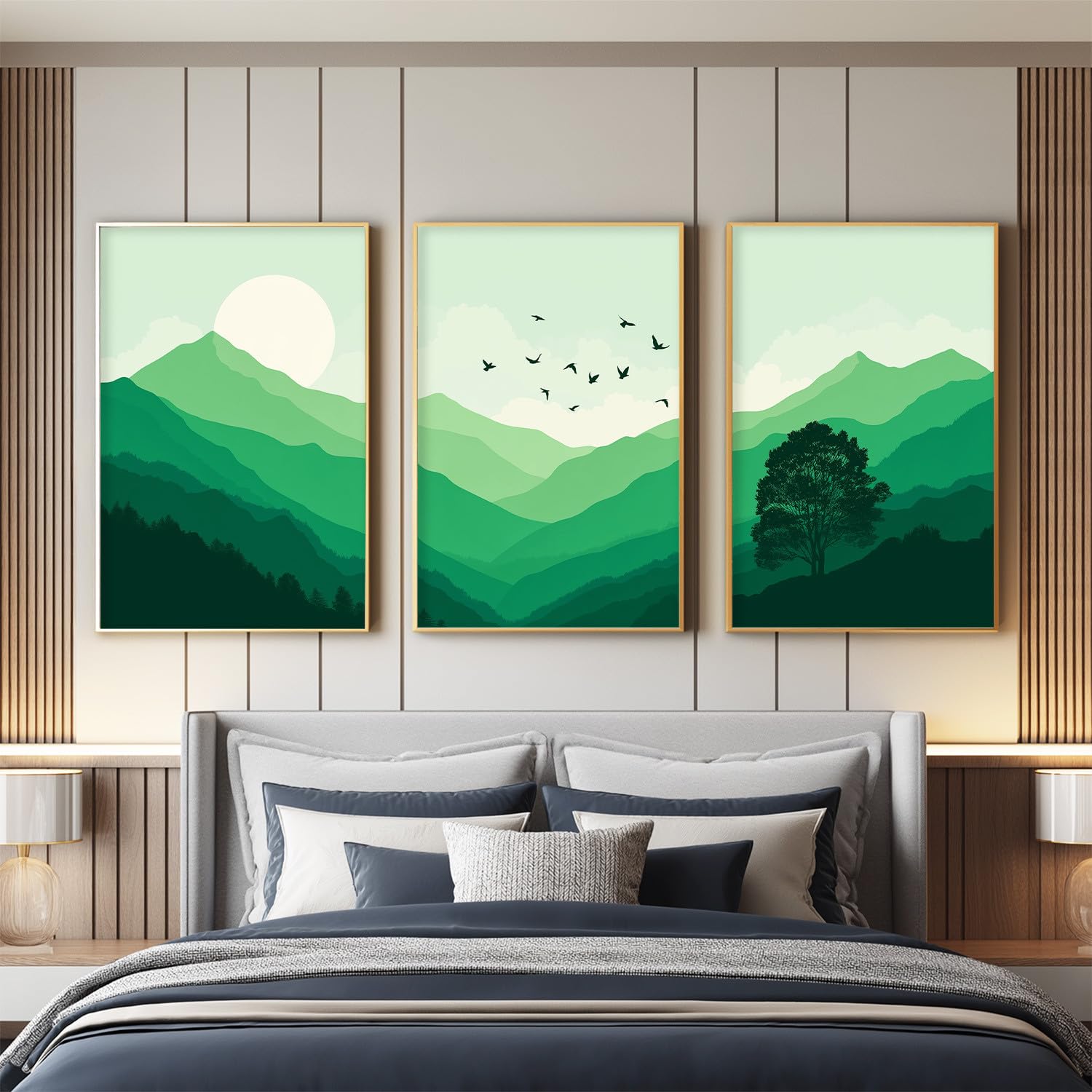 Cuadro decorativo decorativo de pared natural, paisaje de 40 x 50 cm cada uno, arte de pared para salón, dormitorio, entrada o oficina, sin marco, decoración póster de pared, verde oliva gradiente